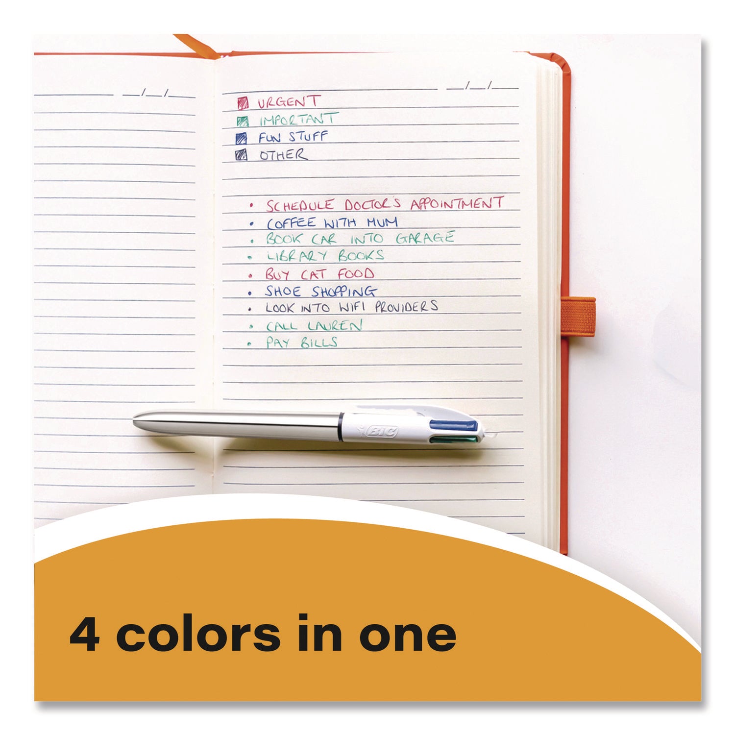 BIC® 4-Color Shine Multi-Color Ballpoint Pen, Retractable, Medium 1mm, Black/Blue/Green/Red Ink, Assorted Metallic Barrels, 3/Pack