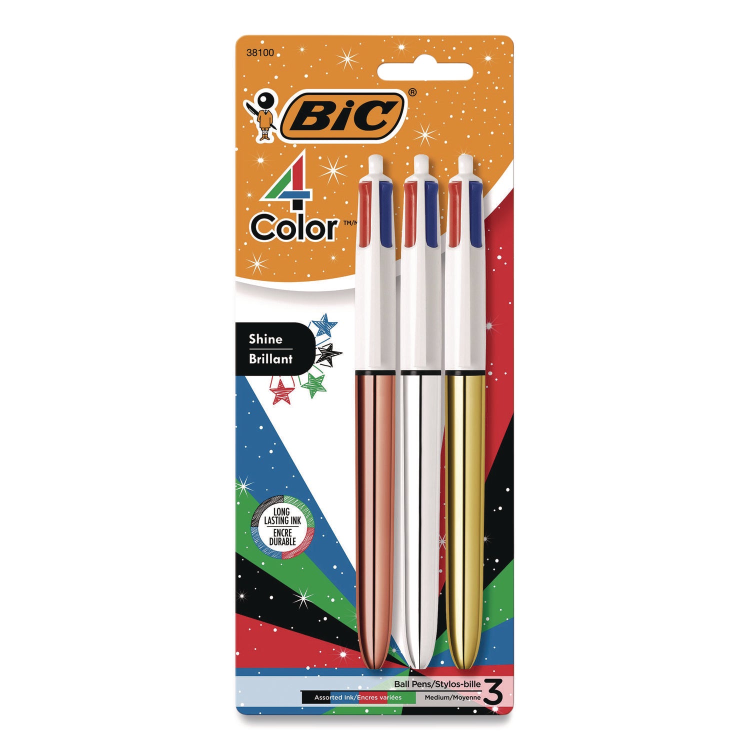 BIC® 4-Color Shine Multi-Color Ballpoint Pen, Retractable, Medium 1mm, Black/Blue/Green/Red Ink, Assorted Metallic Barrels, 3/Pack