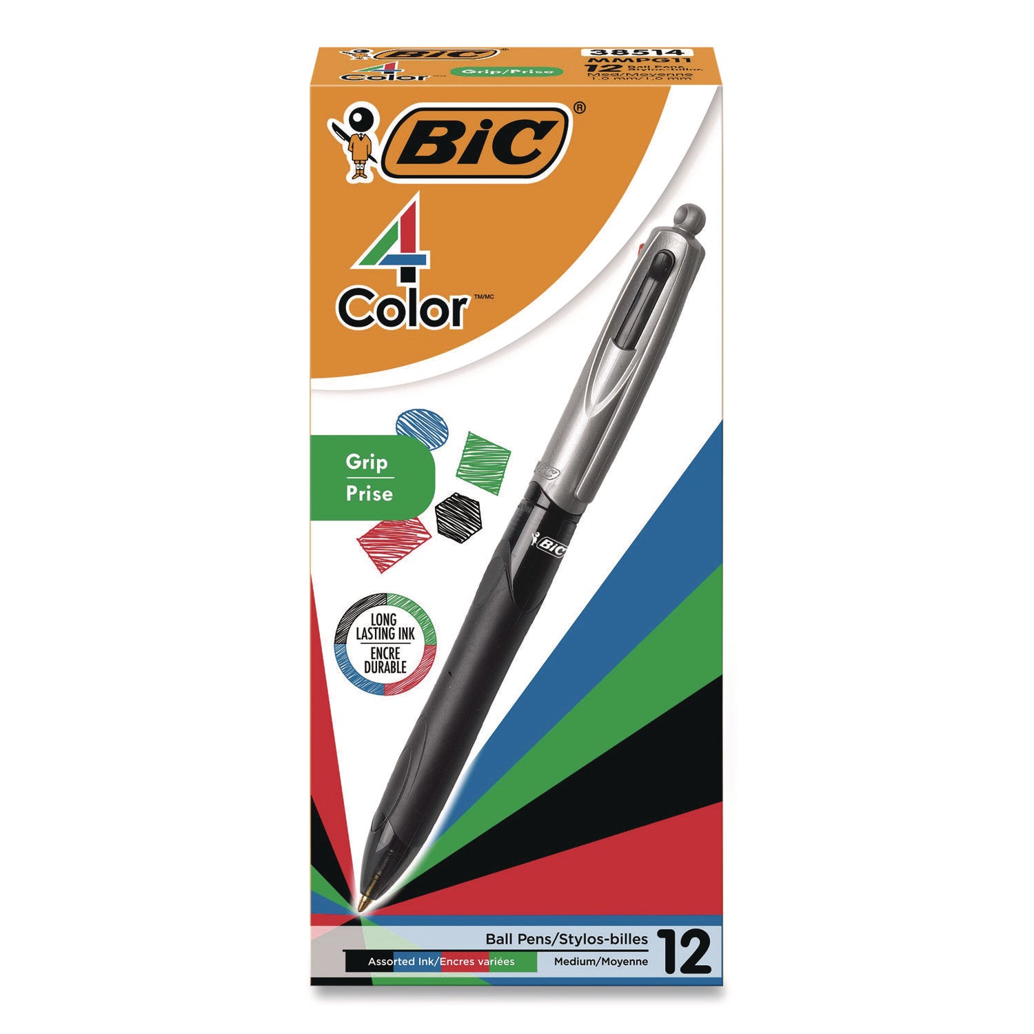 BIC® 4-Color Pro Grip Multi-Color Ballpoint Pen, Retractable, Medium 1 mm, Black/Blue/Green/Red Ink, Black/Gray Barrel, Dozen