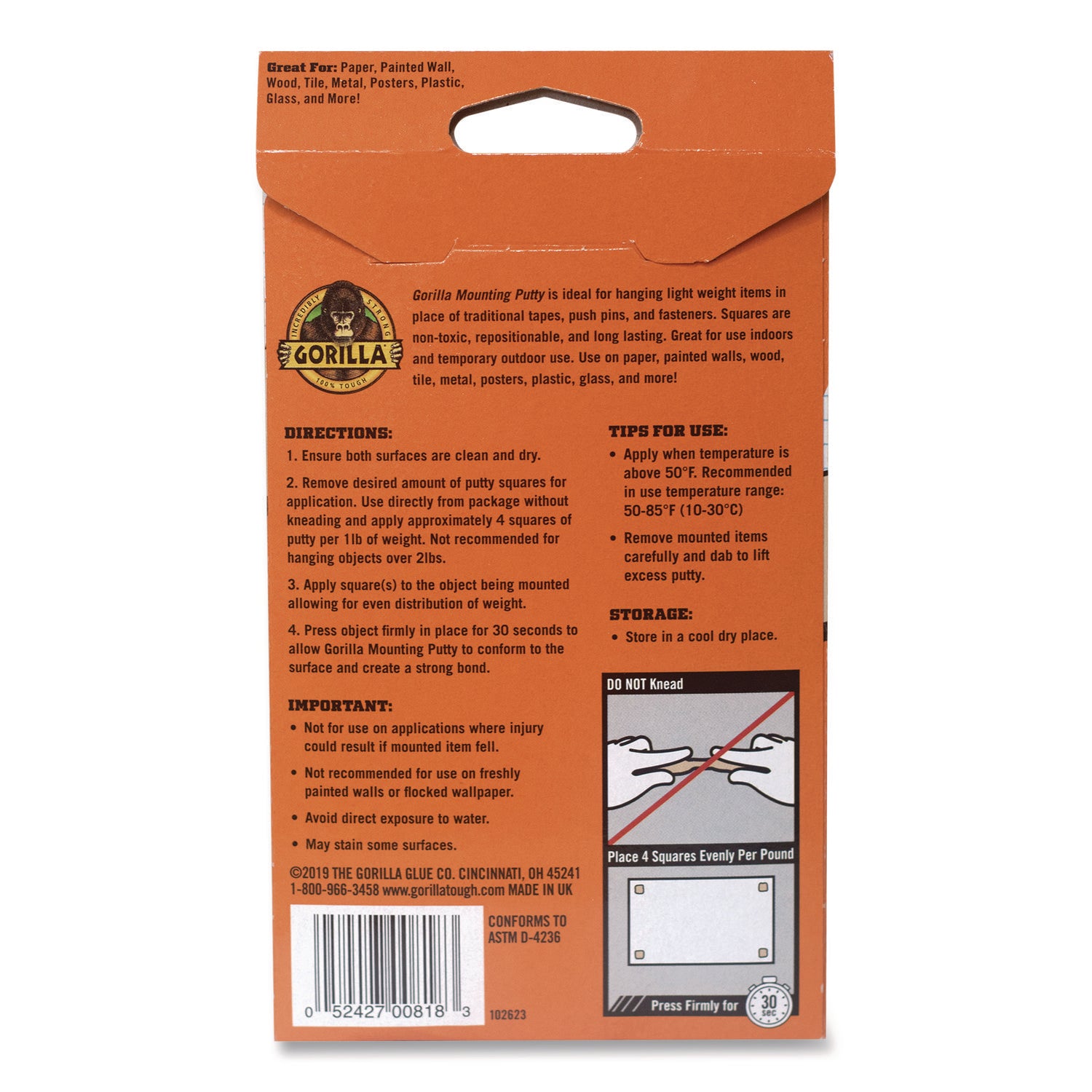 Gorilla® Removable Mounting Putty, Repositionable and Reusable, 2 oz, 84 Squares/Pack