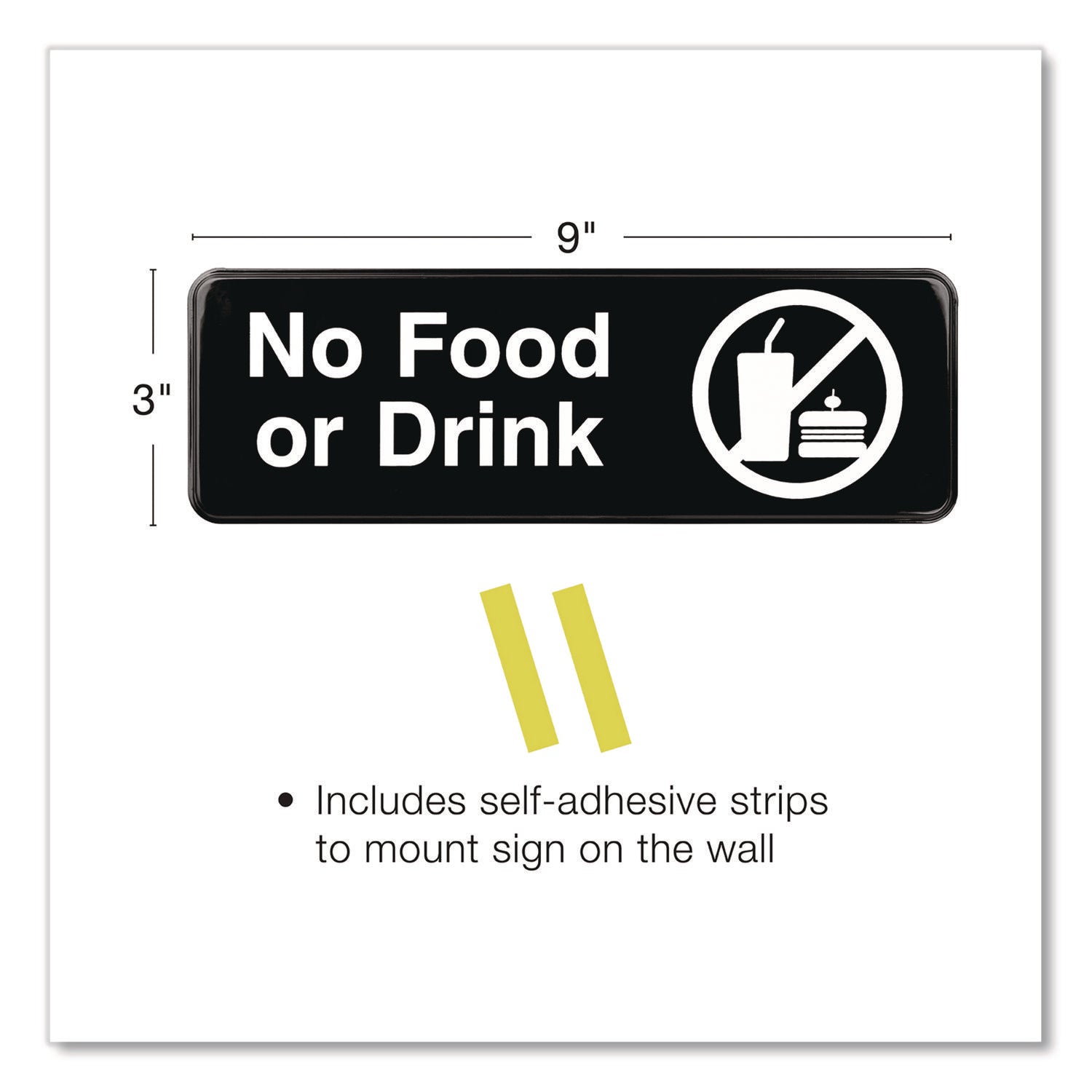 Excello Global Products® No Food or Drink Wall Sign, 9" x 3", Black Face, White Graphics, 3/Pack