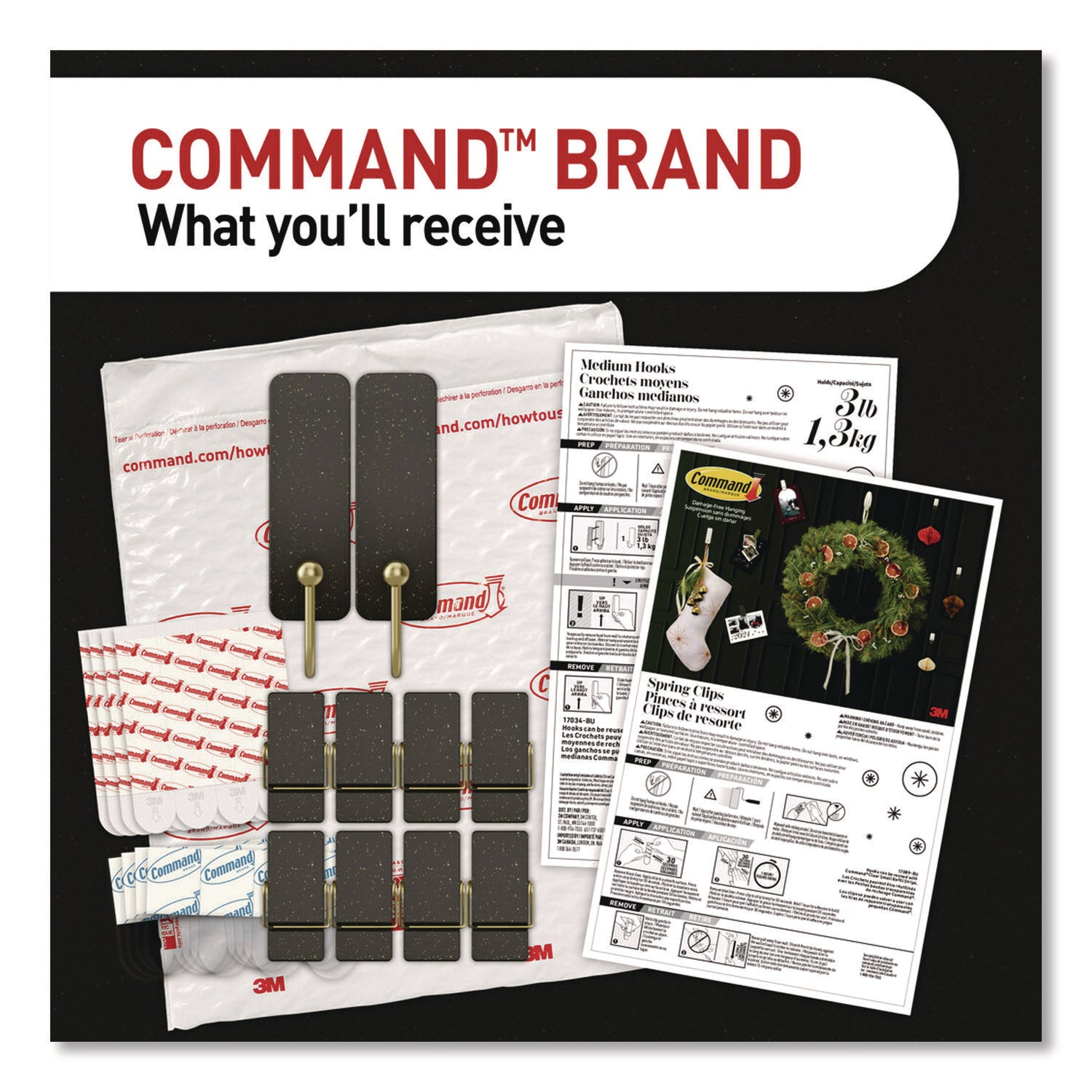 Command™ Limited Edition Hooks and Clips, Soot, 3 lb Capacity, 2 Hooks, 8 Clips and 12 Strips/Pack