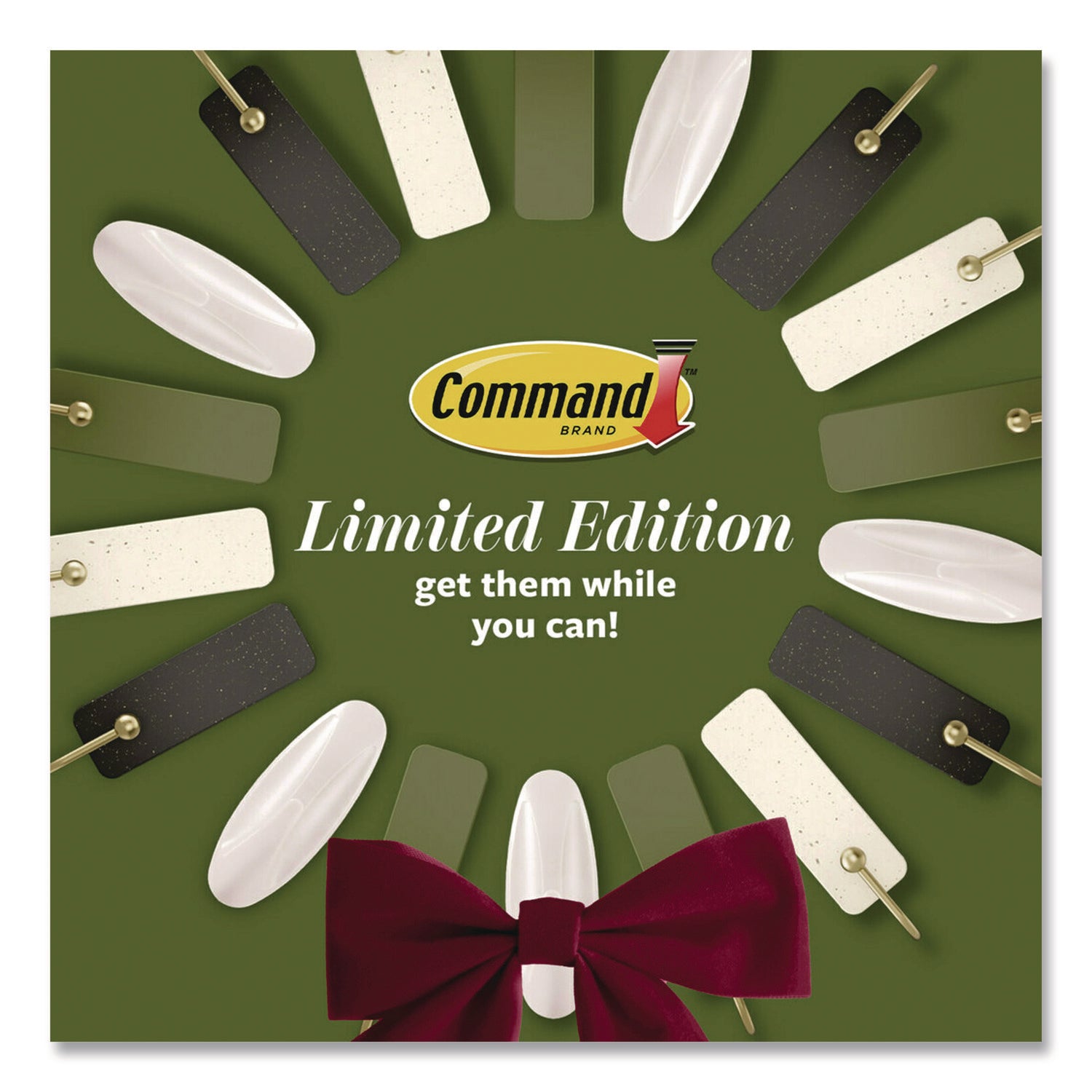 Command™ Limited Edition Hooks and Clips, Soot, 3 lb Capacity, 2 Hooks, 8 Clips and 12 Strips/Pack