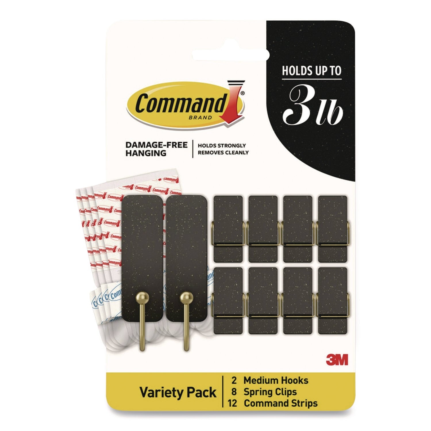 Command™ Limited Edition Hooks and Clips, Soot, 3 lb Capacity, 2 Hooks, 8 Clips and 12 Strips/Pack