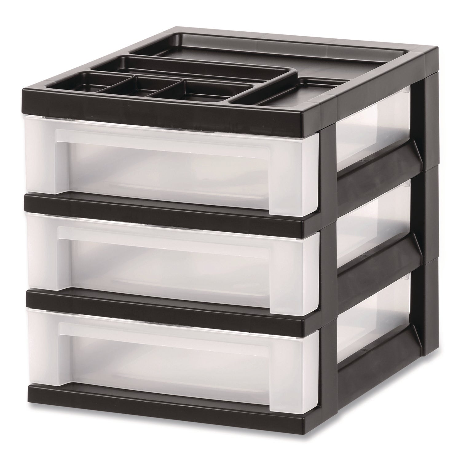 IRIS 3-Drawer Desktop Storage with Top Organizer Tray, Plastic, 12.17 x 14.33 x 12.93, Black/Translucent