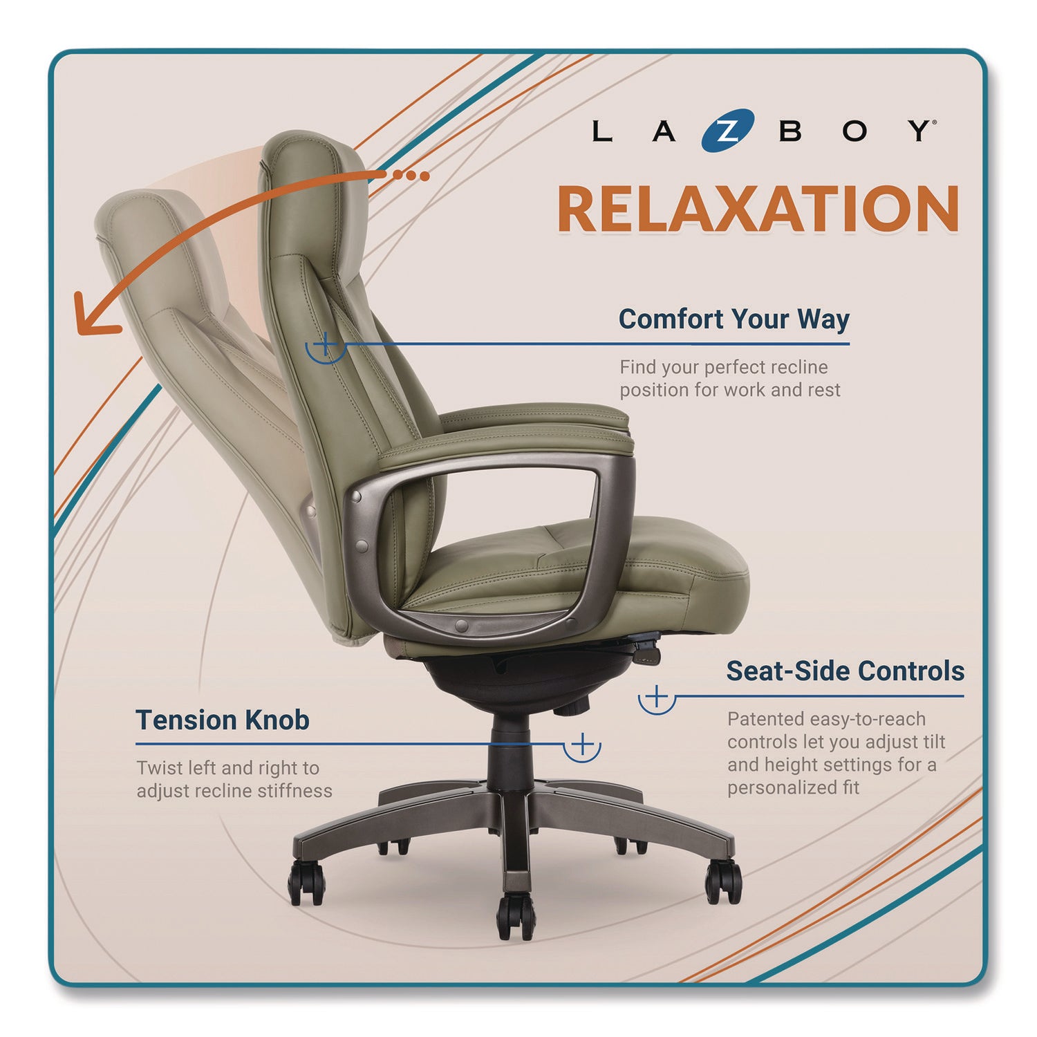 La-Z-Boy® Arcadian Bonded Leather Executive Chair, Supports Up to 275 lb, 19" x 22" Seat Height, Olive Back/Seat, Gray/Black Base