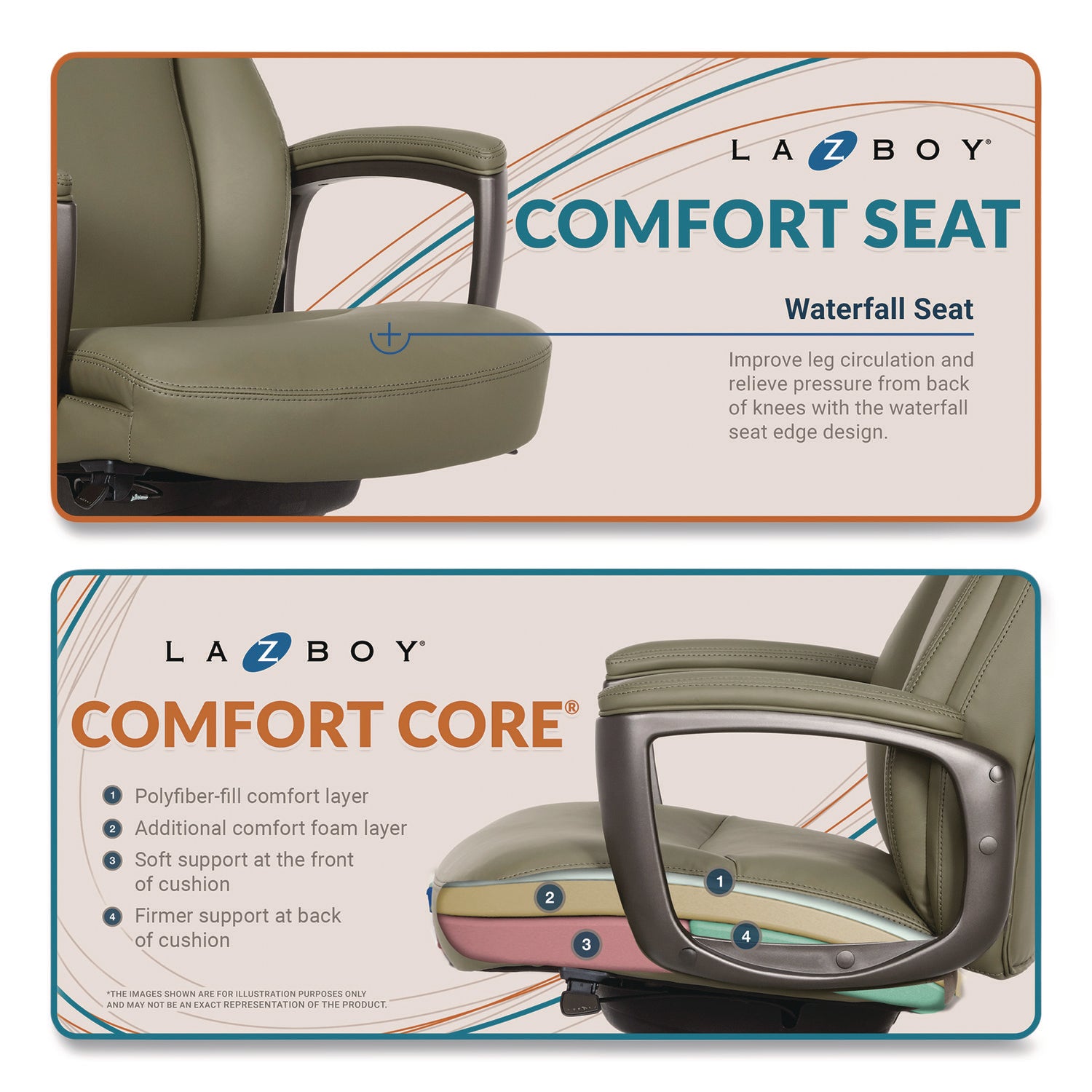 La-Z-Boy® Arcadian Bonded Leather Executive Chair, Supports Up to 275 lb, 19" x 22" Seat Height, Olive Back/Seat, Gray/Black Base