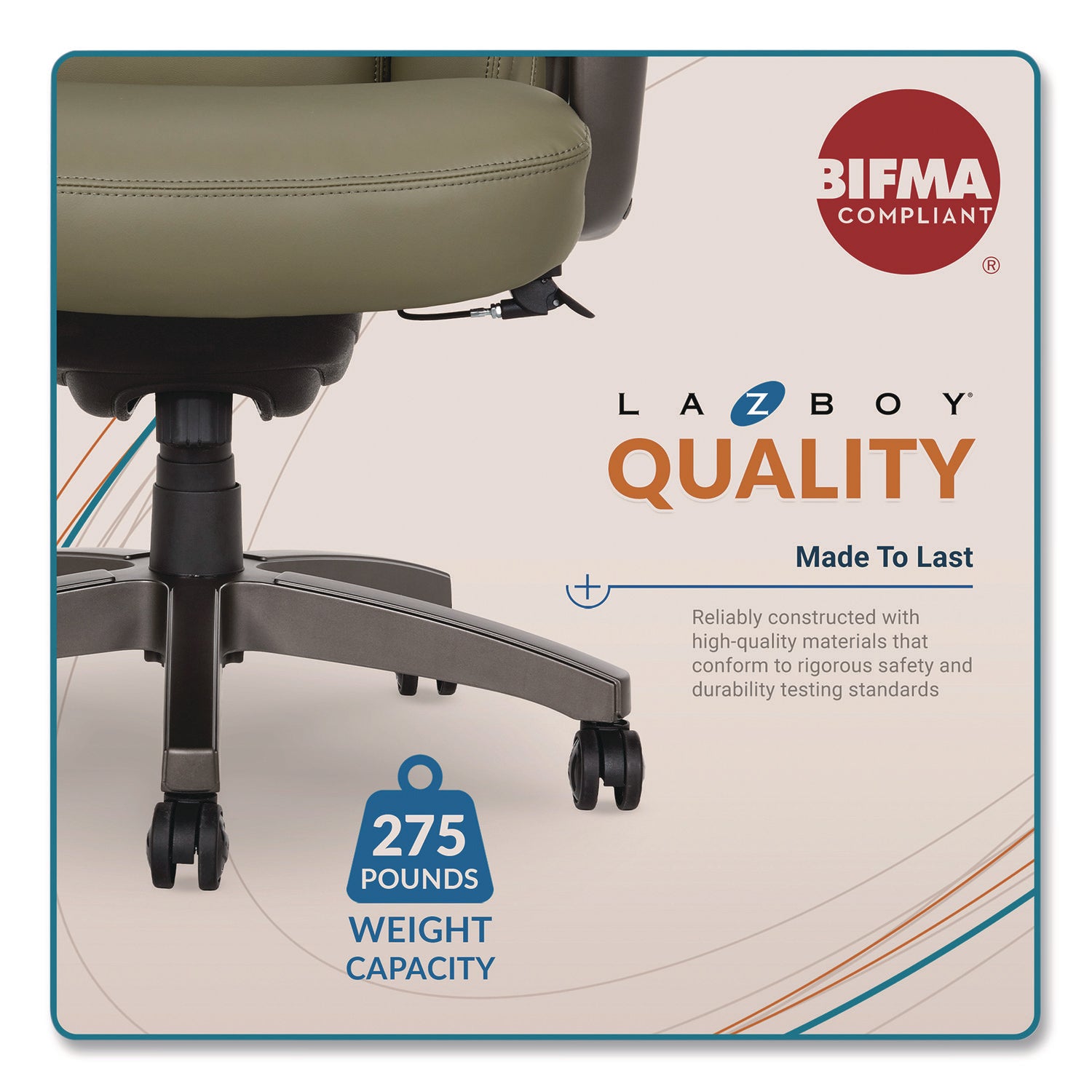 La-Z-Boy® Arcadian Bonded Leather Executive Chair, Supports Up to 275 lb, 19" x 22" Seat Height, Olive Back/Seat, Gray/Black Base