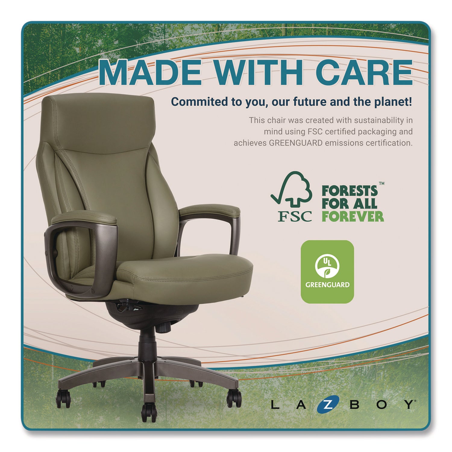 La-Z-Boy® Arcadian Bonded Leather Executive Chair, Supports Up to 275 lb, 19" x 22" Seat Height, Olive Back/Seat, Gray/Black Base