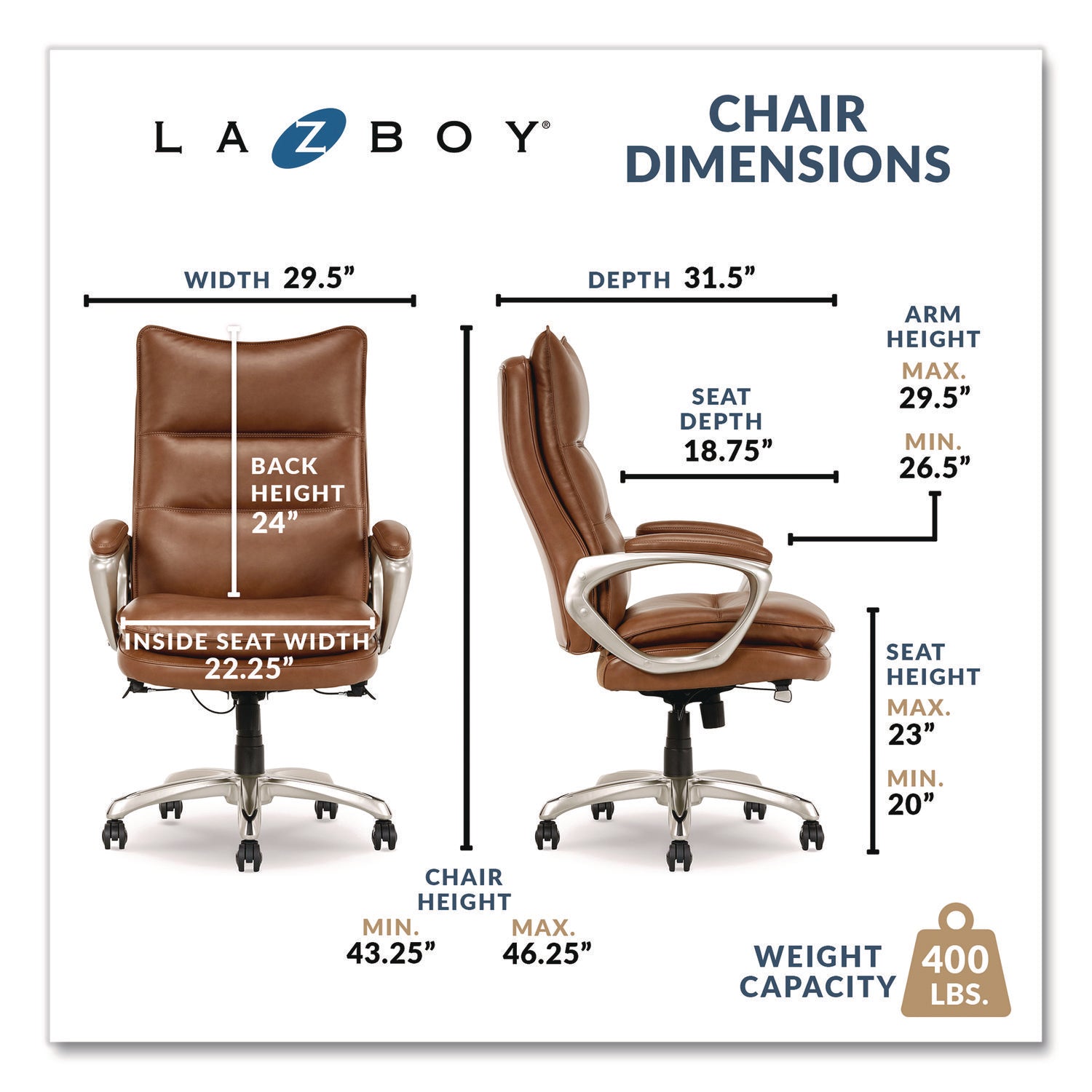 La-Z-Boy® Jenkins Executive Big and Tall Chair, Supports Up to 400 lb, 20" to 23" Seat Height, Brown Seat/Back, Silver/Black Base