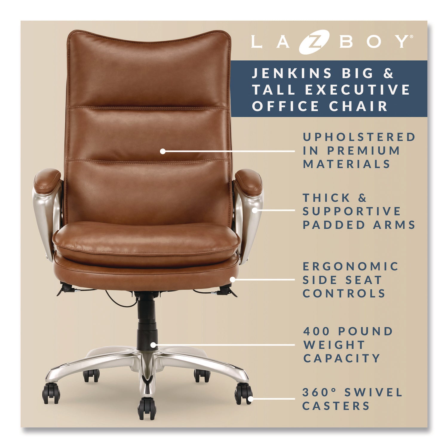 La-Z-Boy® Jenkins Executive Big and Tall Chair, Supports Up to 400 lb, 20" to 23" Seat Height, Brown Seat/Back, Silver/Black Base