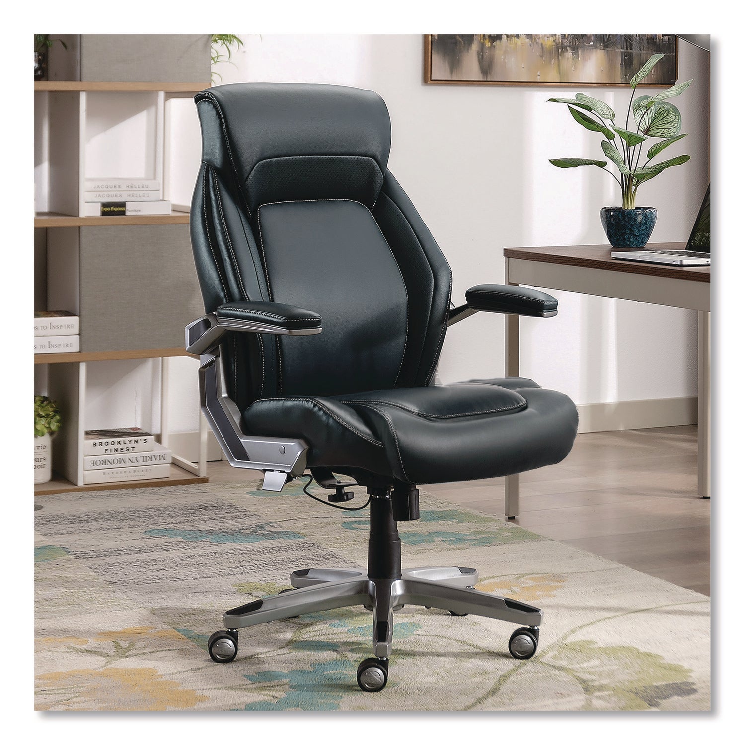 La-Z-Boy® Meyer Bonded Leather Executive Chair, Supports Up to 275 lb, 19" x 22.75", Navy Seat, Navy/Back, Silver Base