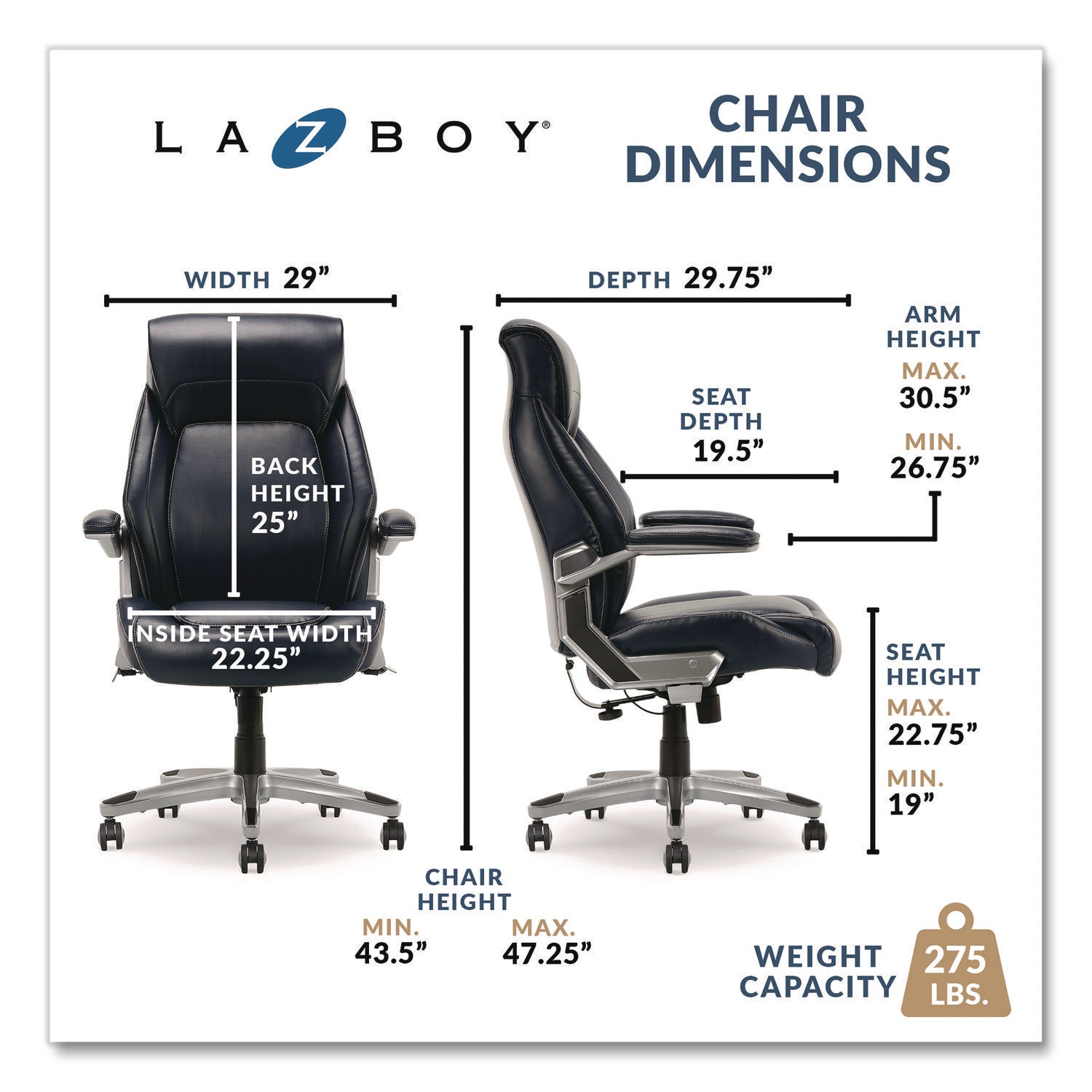 La-Z-Boy® Meyer Bonded Leather Executive Chair, Supports Up to 275 lb, 19" x 22.75", Navy Seat, Navy/Back, Silver Base