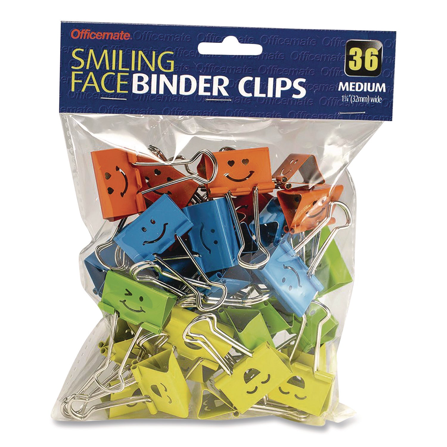Officemate Smiling Face Binder Clips, Medium, Assorted Colors, 36/Pack