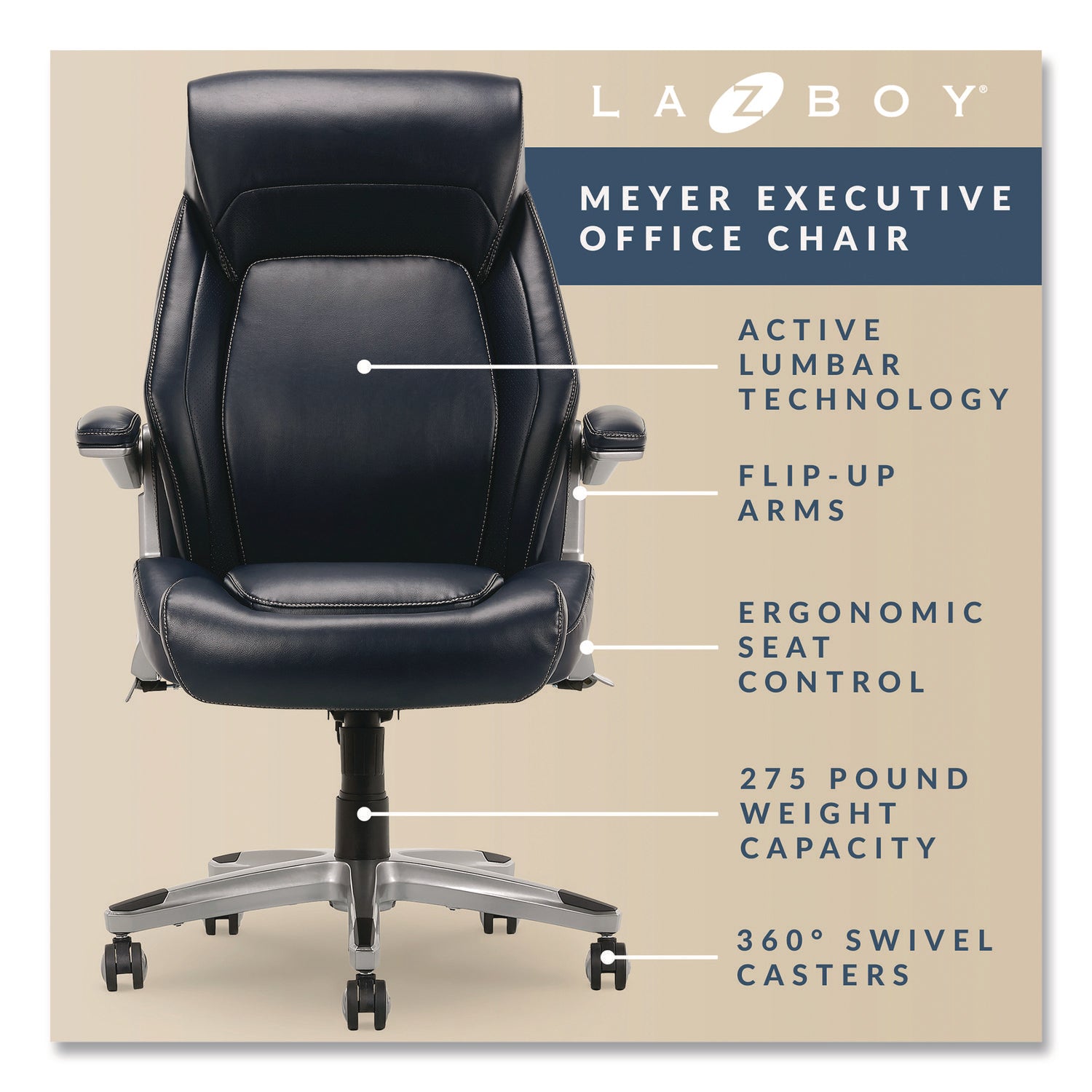 La-Z-Boy® Meyer Bonded Leather Executive Chair, Supports Up to 275 lb, 19" x 22.75", Navy Seat, Navy/Back, Silver Base