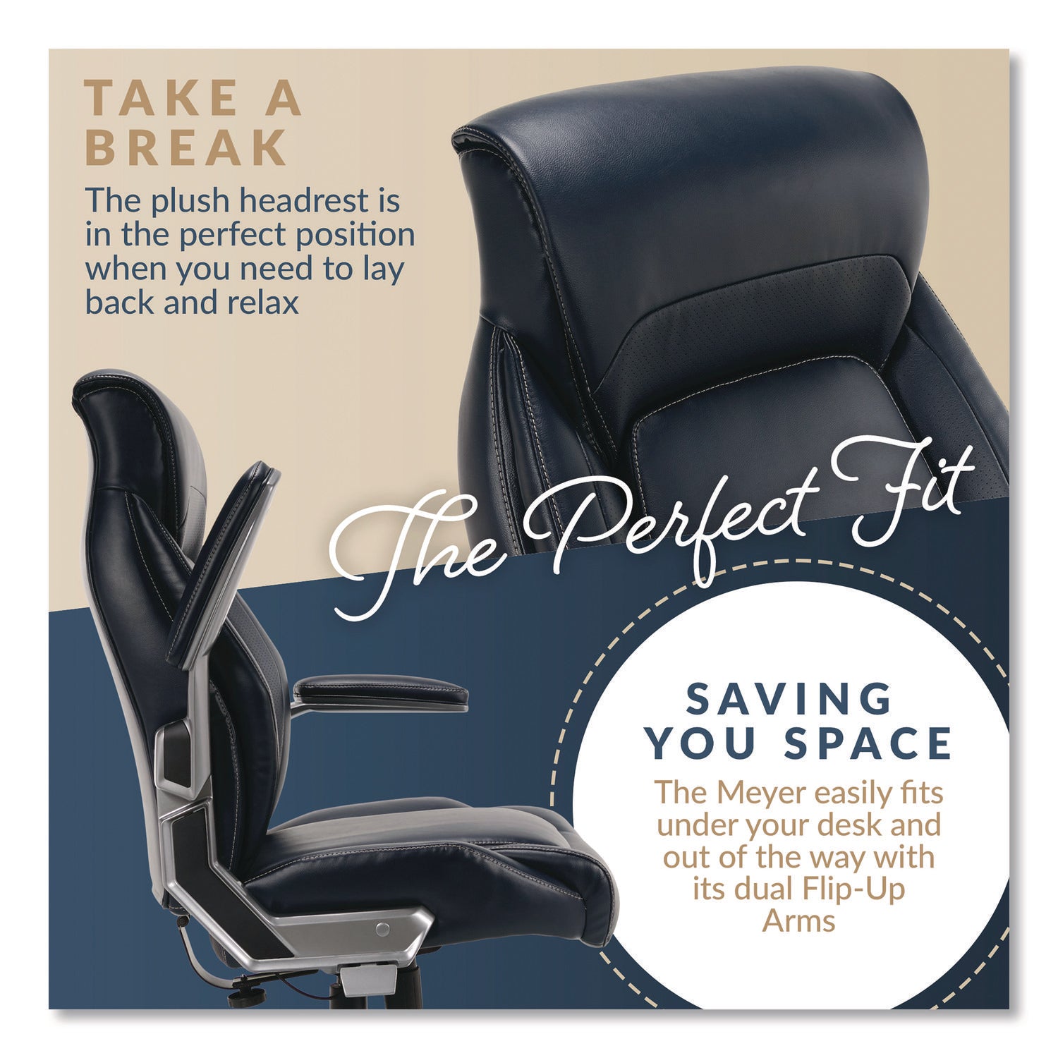 La-Z-Boy® Meyer Bonded Leather Executive Chair, Supports Up to 275 lb, 19" x 22.75", Navy Seat, Navy/Back, Silver Base