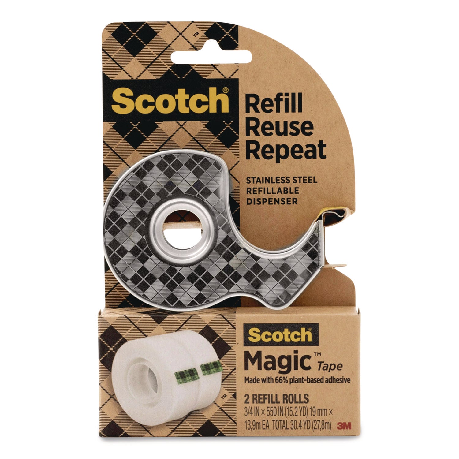 Scotch® Stainless Steel Refillable Tape Dispenser with 2 Rolls 0.75" x 550" Tape
