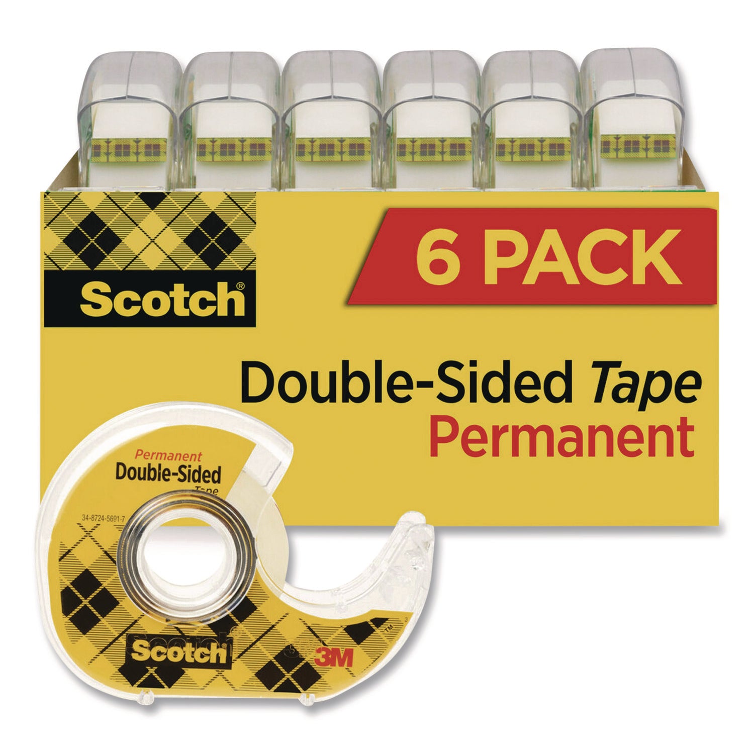 Scotch® Double-Sided Permanent Tape in Handheld Dispenser, 1" Core, 0.5" x 500", 6/Pack