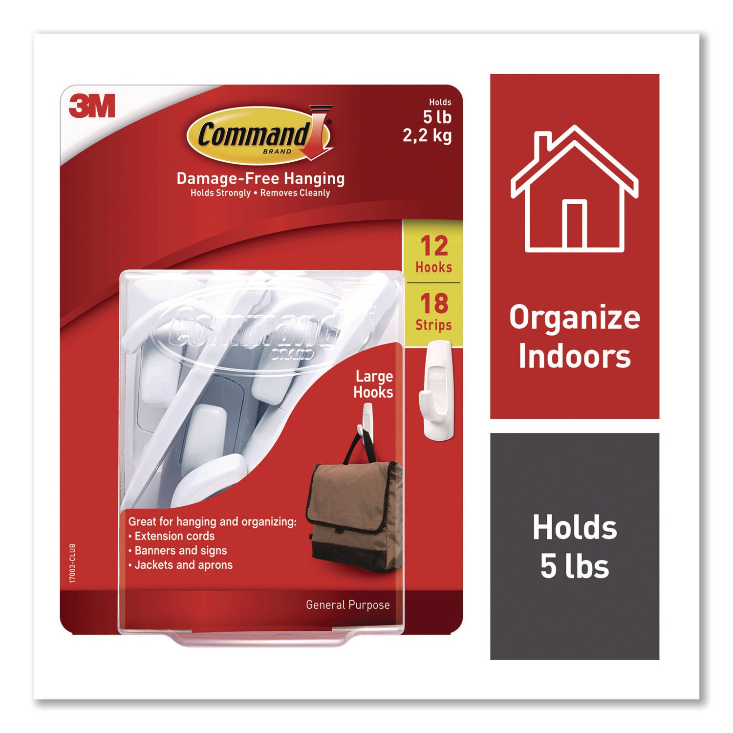 Command™ General Purpose Hooks, Large, Plastic, White, 5 lb Capacity, 12 Hooks and 18 Strips/Pack