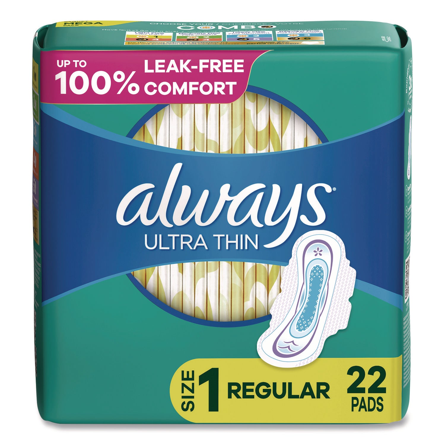 Always® Ultra Thin Pads with Wings, Size 1, Regular Absorbency, 22 Pads/Pack, 12 Packs/Carton