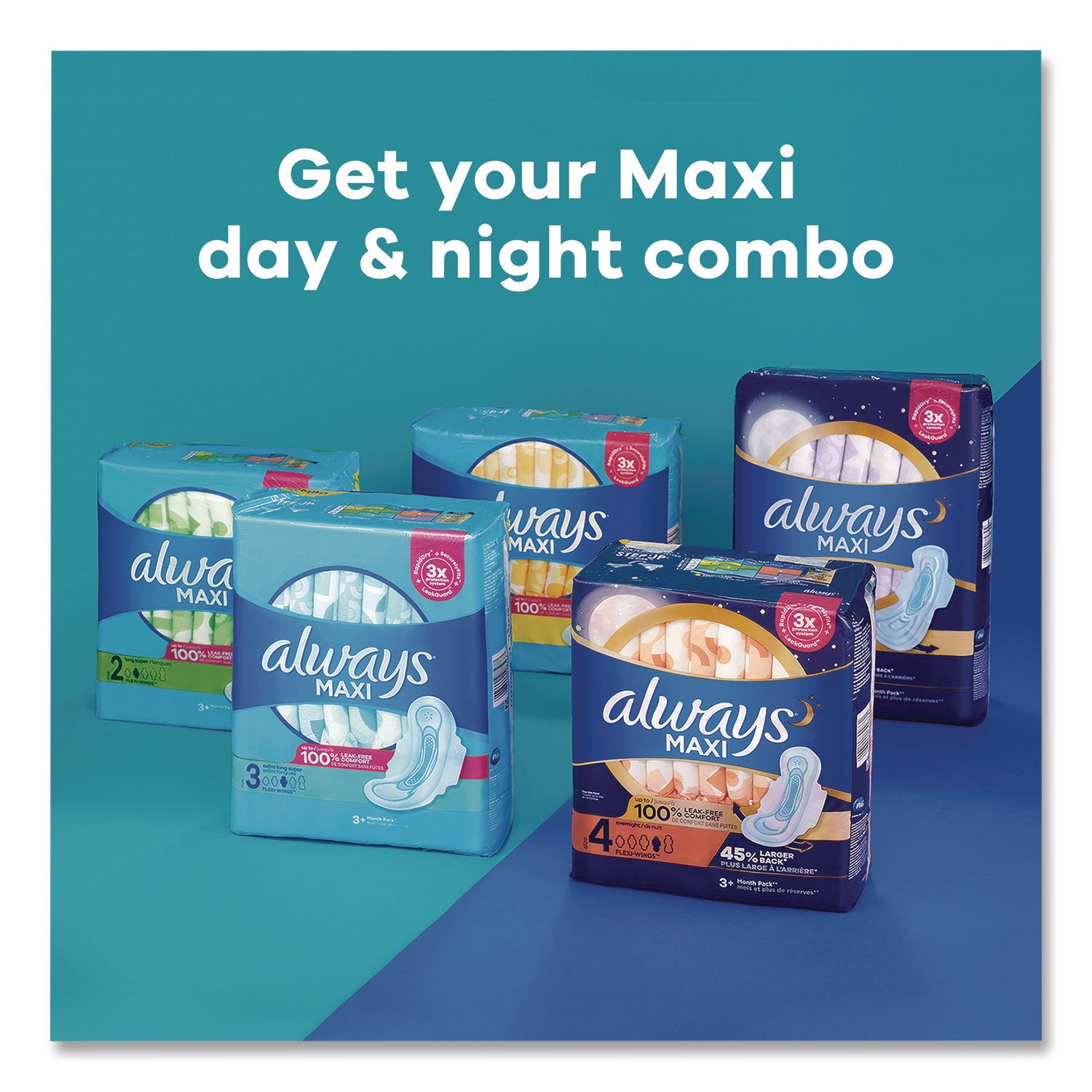 Always® Maxi Long Super Daytime Pad with Wings, Size 2, Super Absorbency, 18/Pack, 8 Packs/Carton