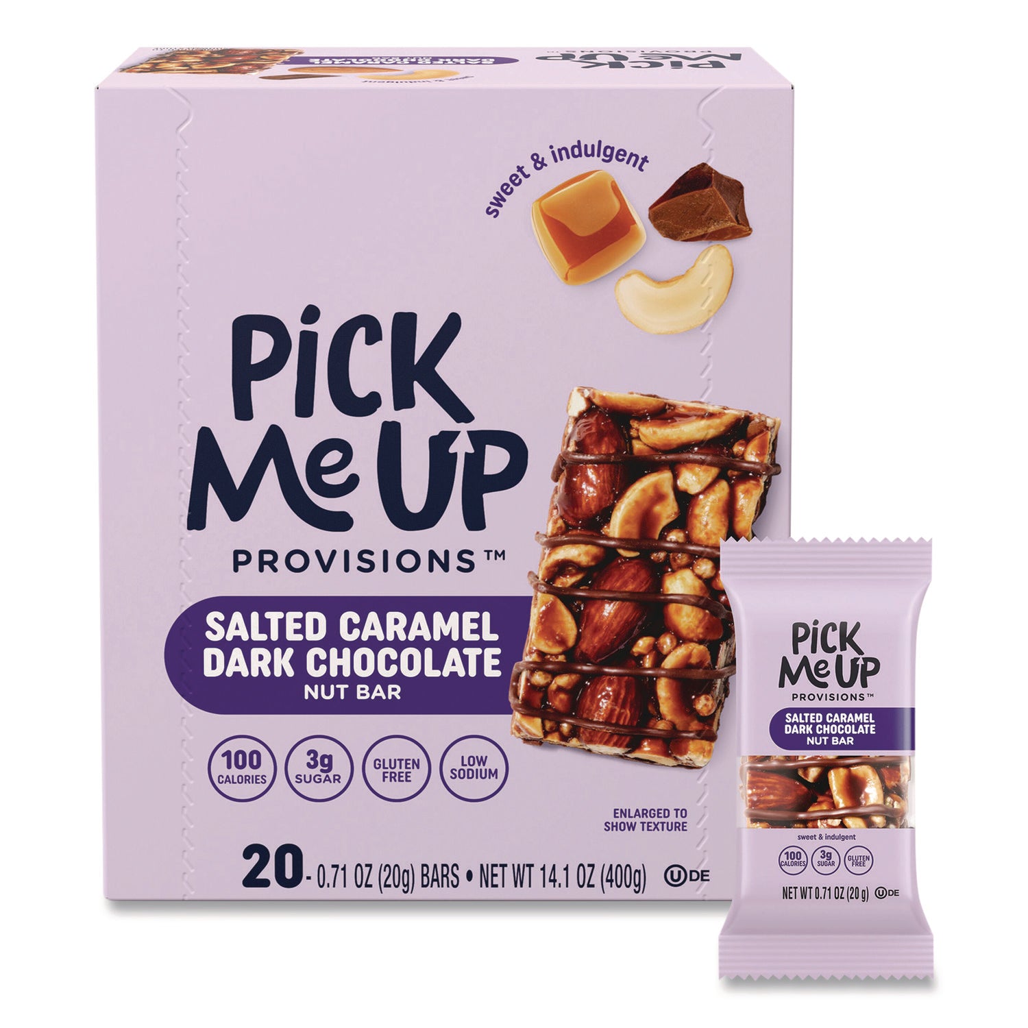 Pick Me Up Provisions™ Nut Bars, Salted Caramel Dark Chocolate, 0.7 oz Bar, 20/Box