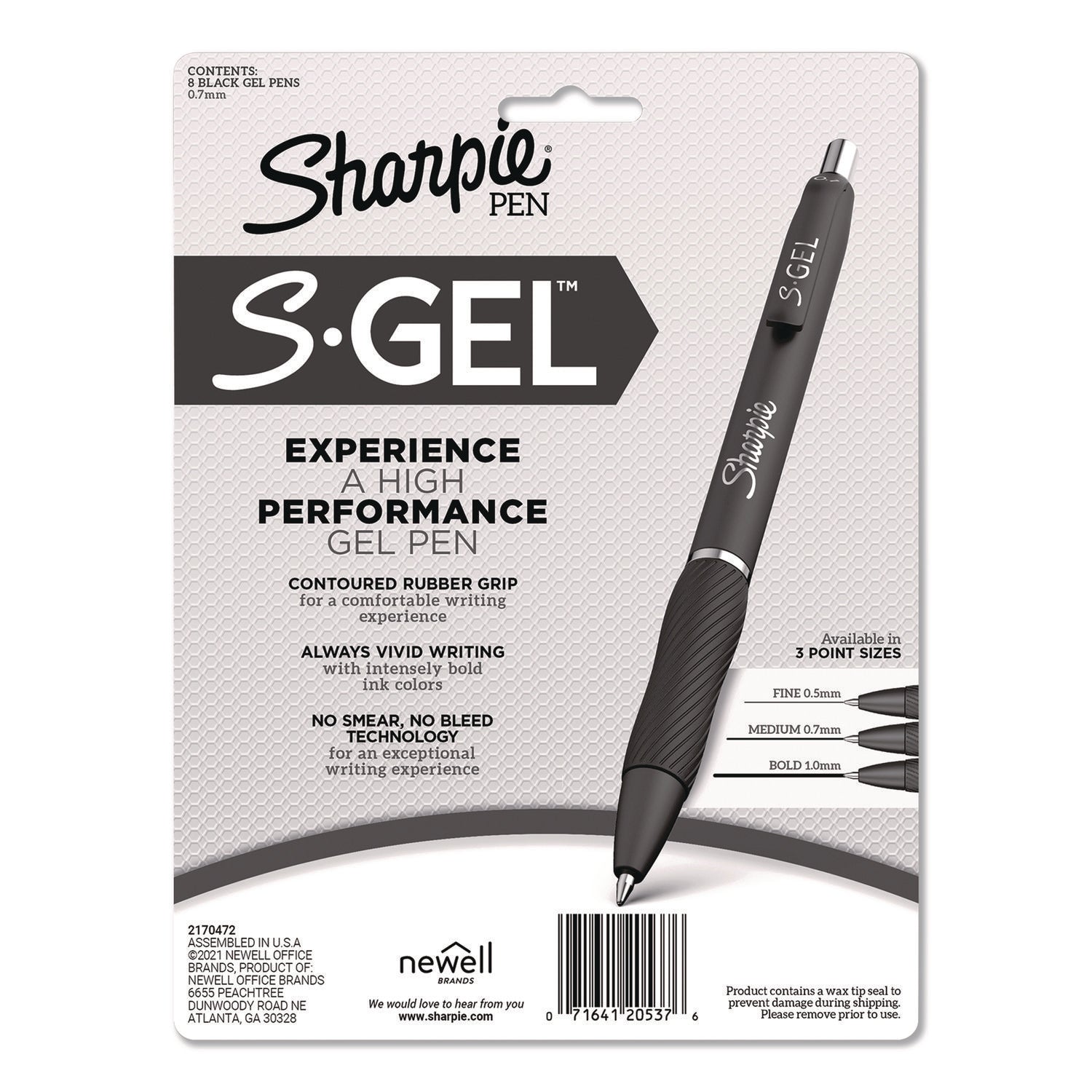Sharpie® S-Gel™ S-Gel Fashion Barrel Gel Pen, Retractable, Medium 0.7 mm, Black Ink, Pearl White Barrel, 8/Pack