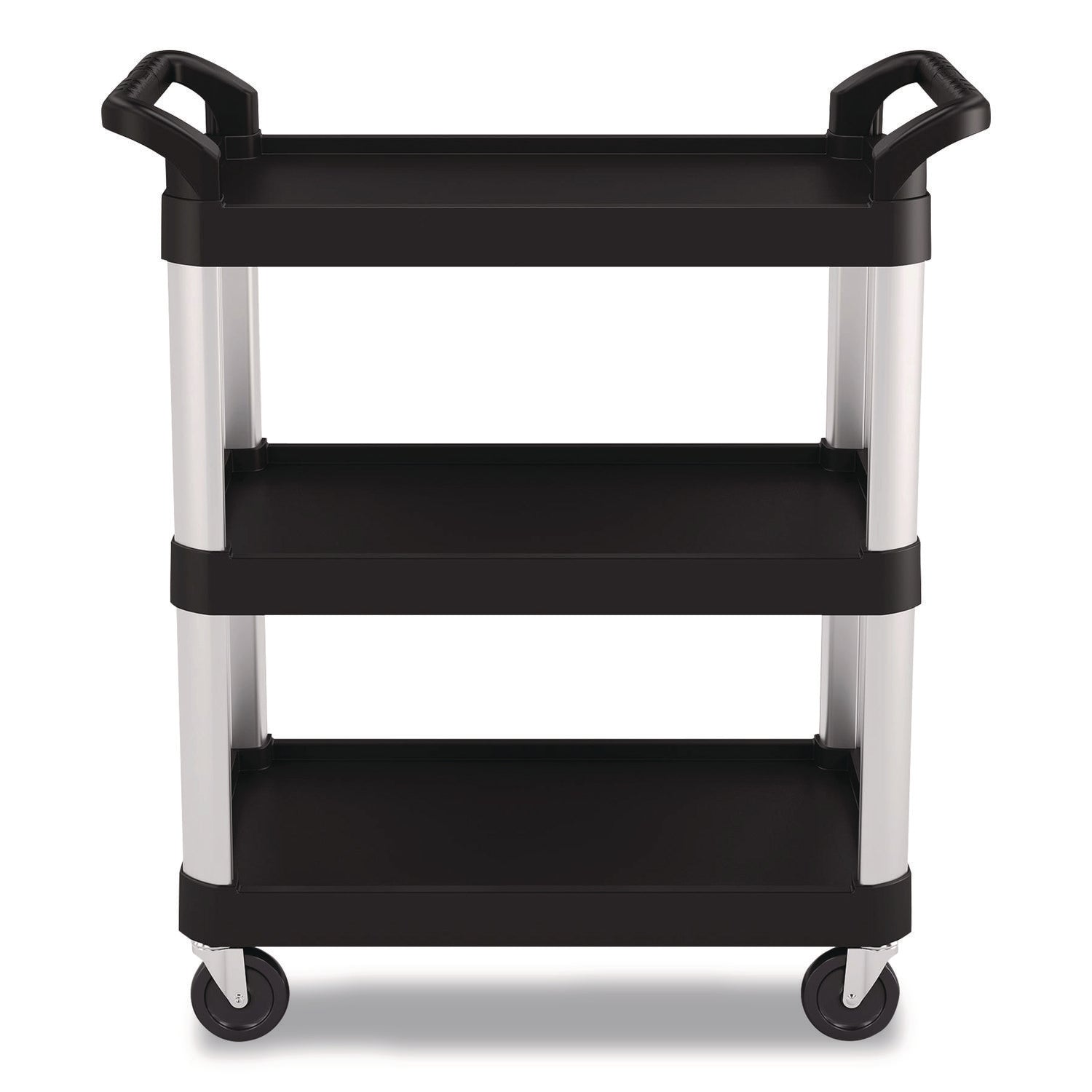Suncast Commercial® Three-Shelf Service Cart, Metal/Plastic, 3 Shelves, 300 lb Capacity, 20" x 34" x 37.92", Black
