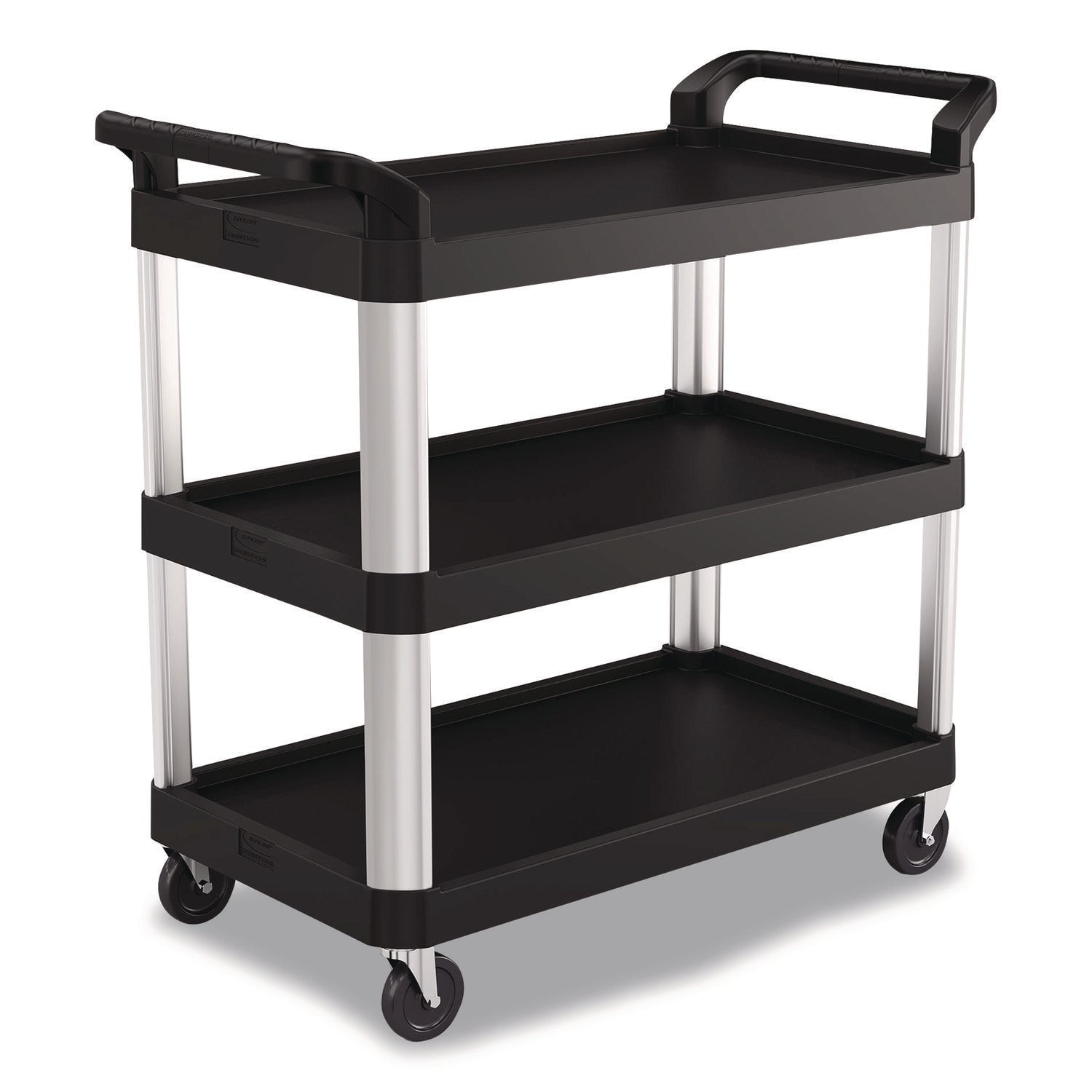 Suncast Commercial® Three-Shelf Service Cart, Metal/Plastic, 3 Shelves, 300 lb Capacity, 20" x 39.85" x 38.17", Black