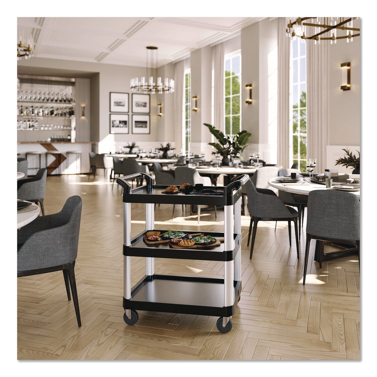 Suncast Commercial® Three-Shelf Service Cart, Metal/Plastic, 3 Shelves, 300 lb Capacity, 20" x 34" x 37.92", Black