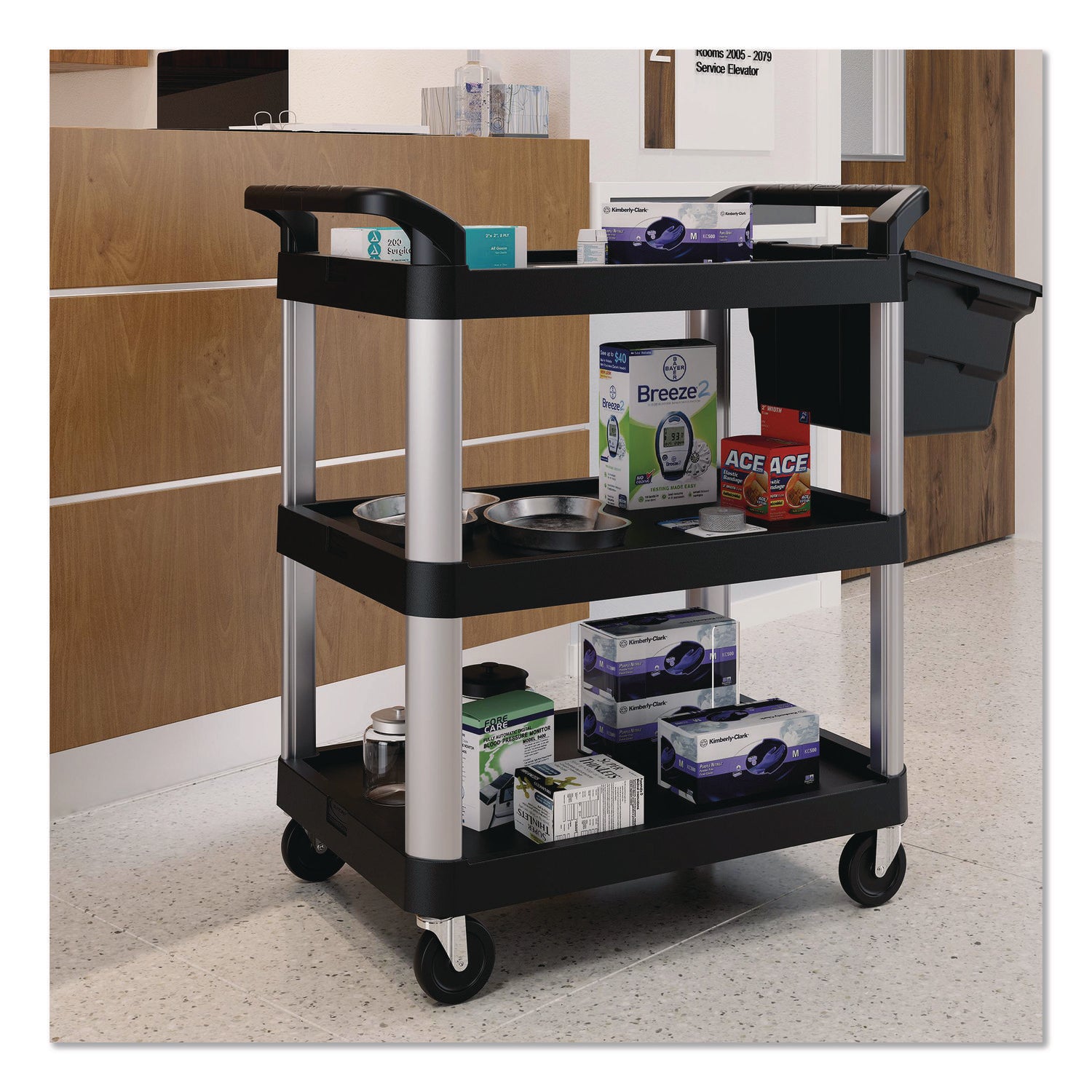 Suncast Commercial® Three-Shelf Service Cart, Metal/Plastic, 3 Shelves, 300 lb Capacity, 20" x 34" x 37.92", Black