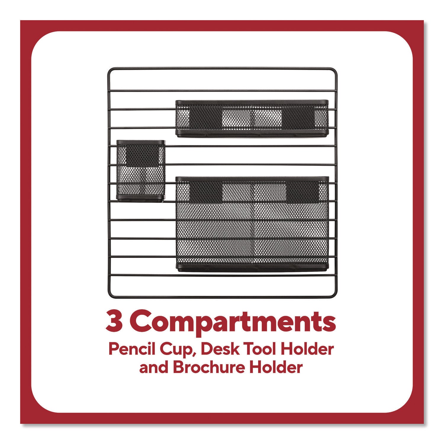 TRU RED™ Metal Mesh 3-Compartment Cubicle/Wall-Mount Office Supplies Organizer, 15" x 15", Black