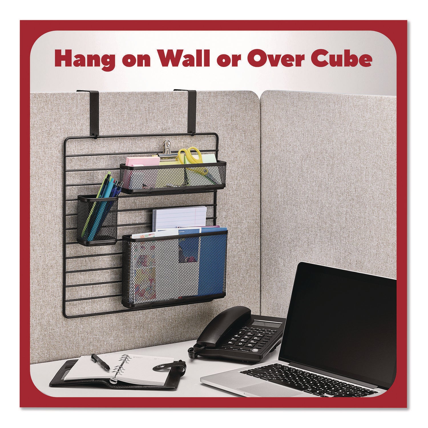 TRU RED™ Metal Mesh 3-Compartment Cubicle/Wall-Mount Office Supplies Organizer, 15" x 15", Black