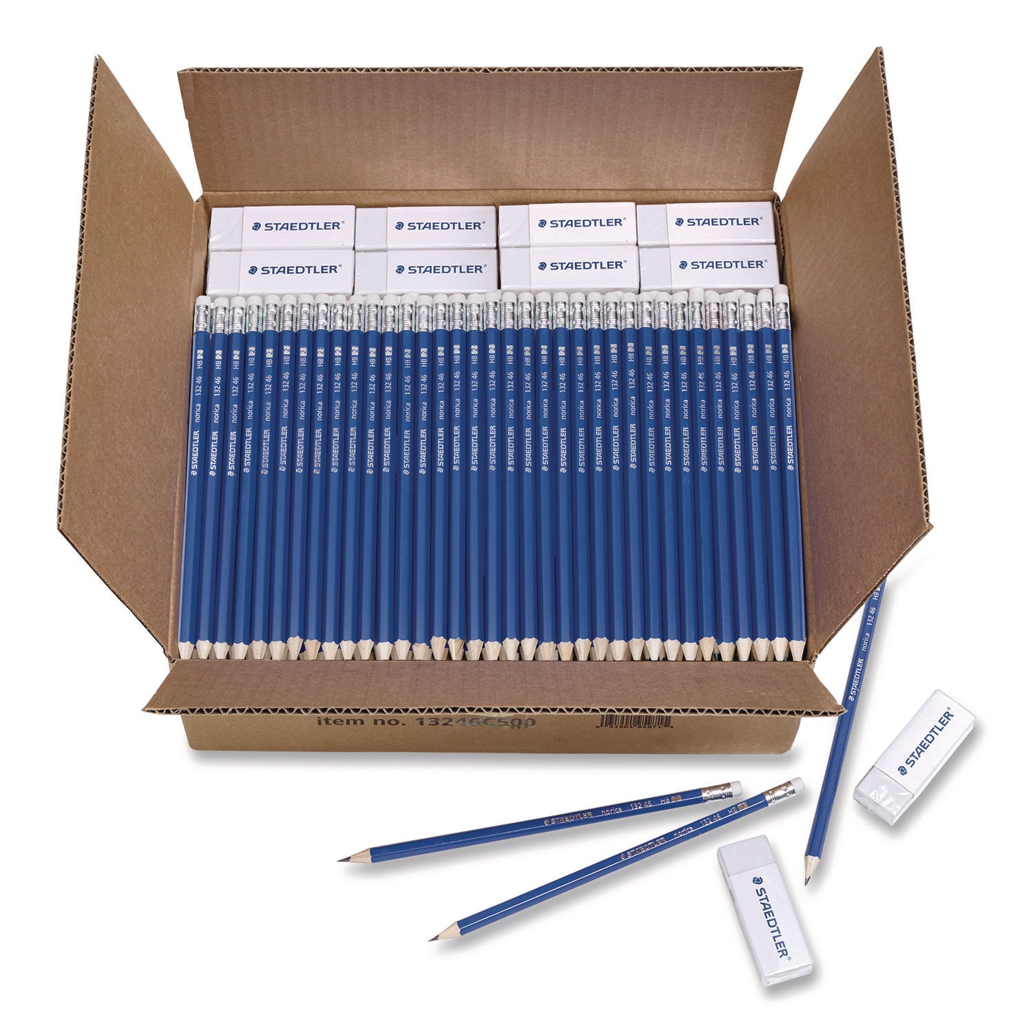 Staedtler® Pre-Sharpened Wooden Pencils with (40) Block Erasers, HB #2 Black Lead, Blue Barrel, 500/Pack