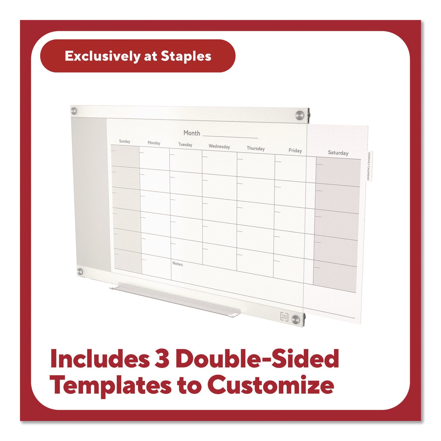 TRU RED™ Magnetic Glass Dry Erase Board with Templates, Six Views, 3 ft x 2 ft, White Surface