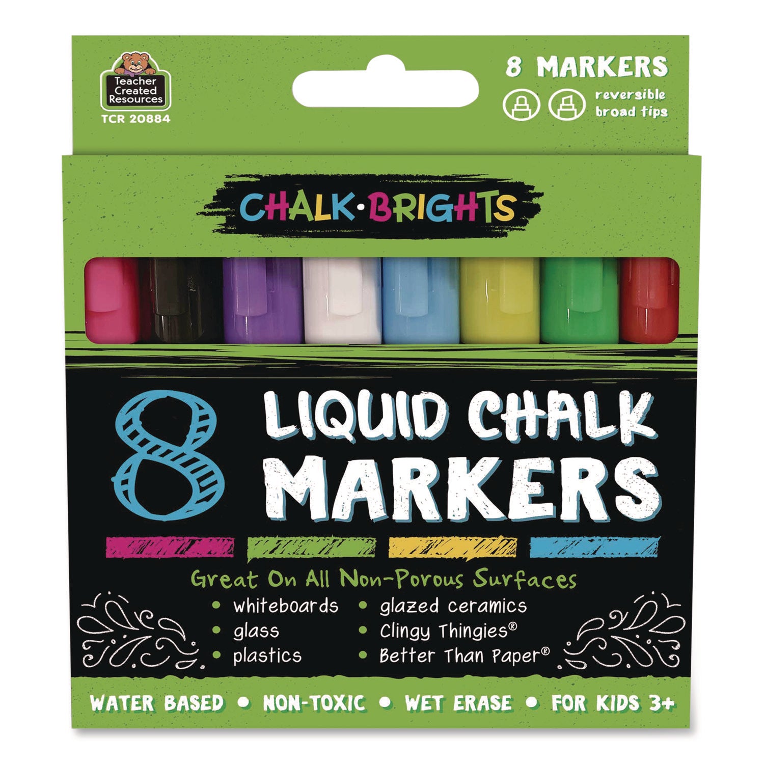Teacher Created Resources Chalk Brights Liquid Chalk Markers, Broad Reversible Bullet/Chisel Tips, Assorted Colors, 8/Pack