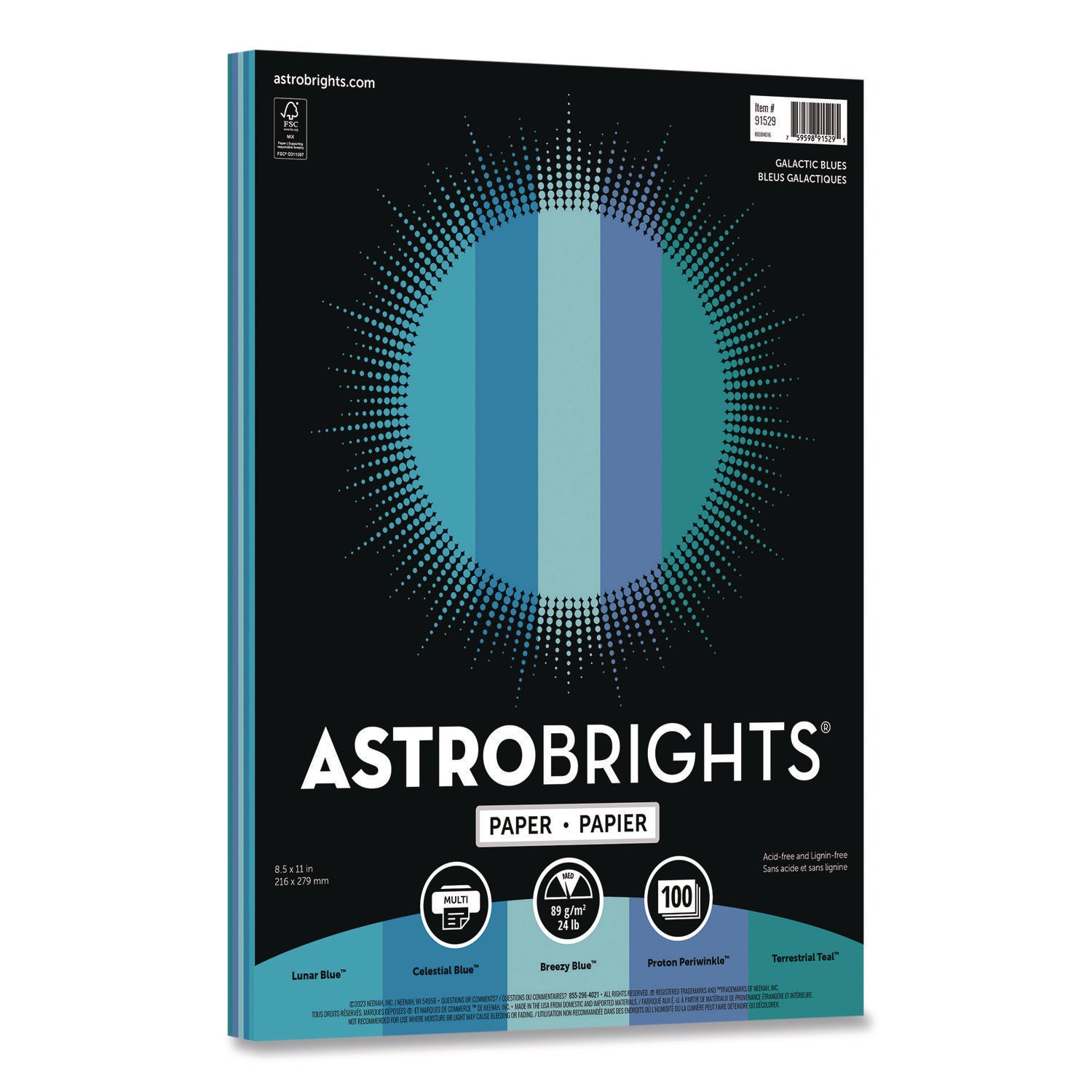 Astrobrights® Color Paper - "Galactic Blues" Assortment, 24 lb Bond Weight, 8.5 x 11, Assorted Blue Colors, 100/Pack