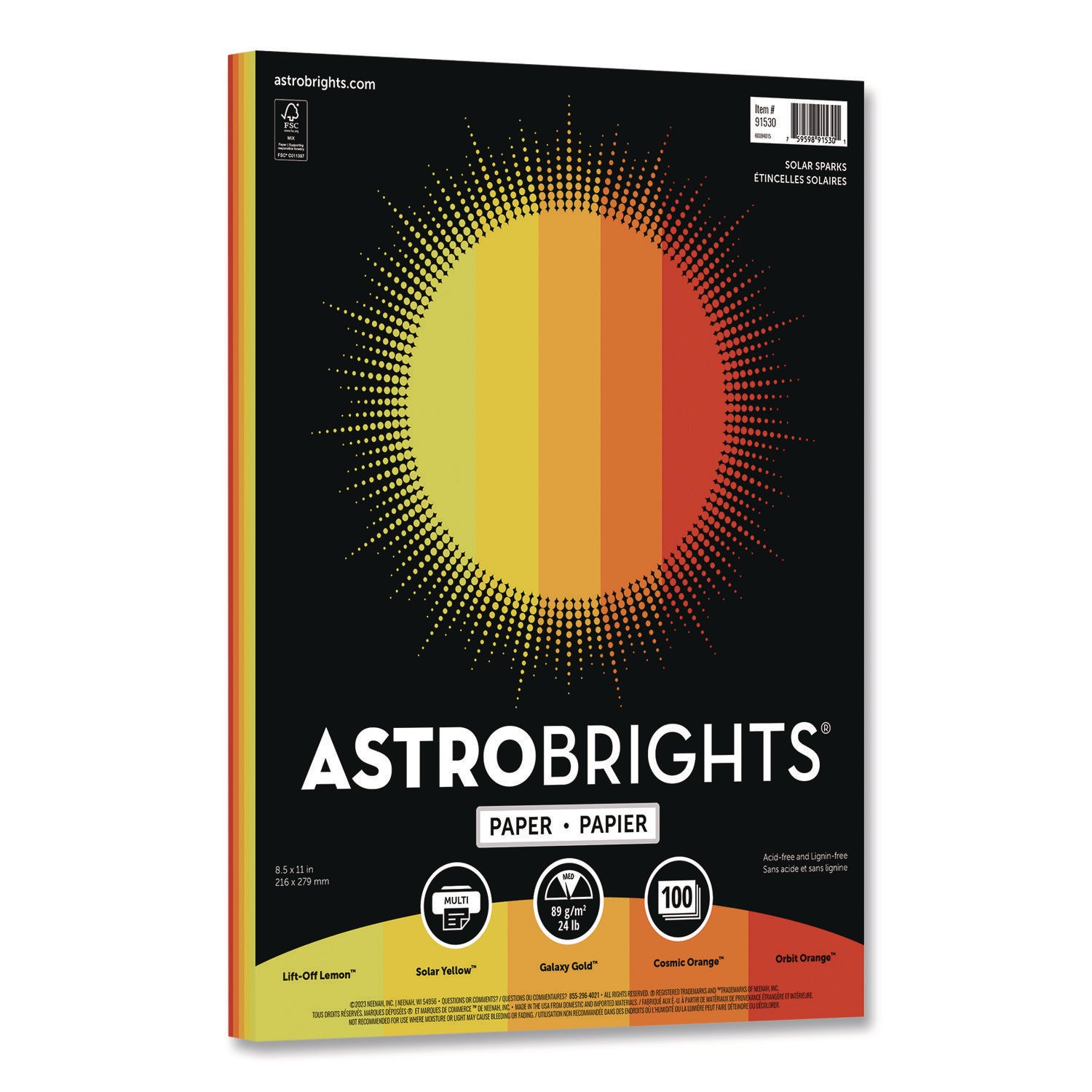 Astrobrights® Color Paper - "Solar Sparks" Assortment, 24 lb Bond Weight, 8.5 x 11, Assorted Yellow and Orange Colors, 100/Pack
