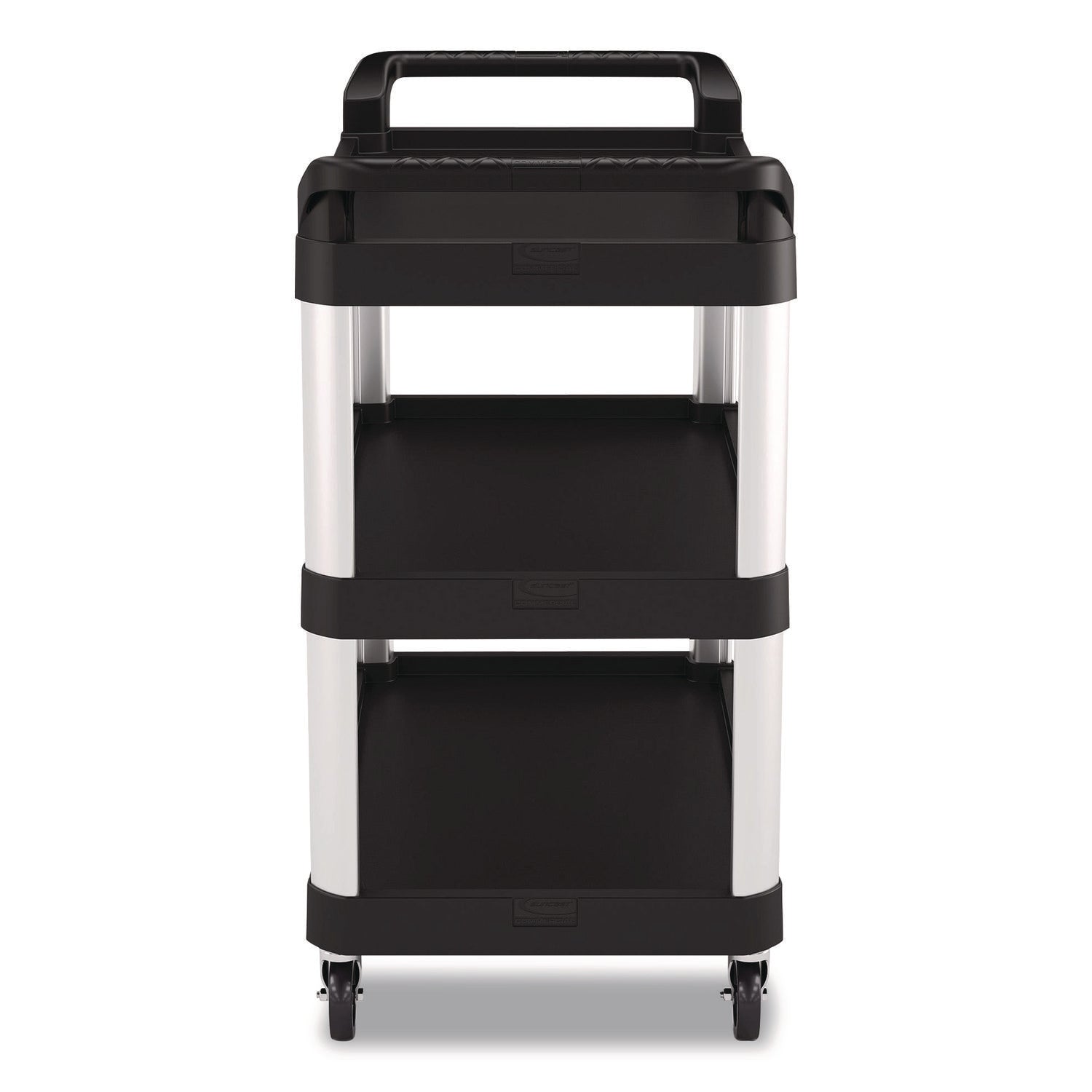 Suncast Commercial® Three-Shelf Service Cart, Metal/Plastic, 3 Shelves, 300 lb Capacity, 20" x 39.85" x 38.17", Black