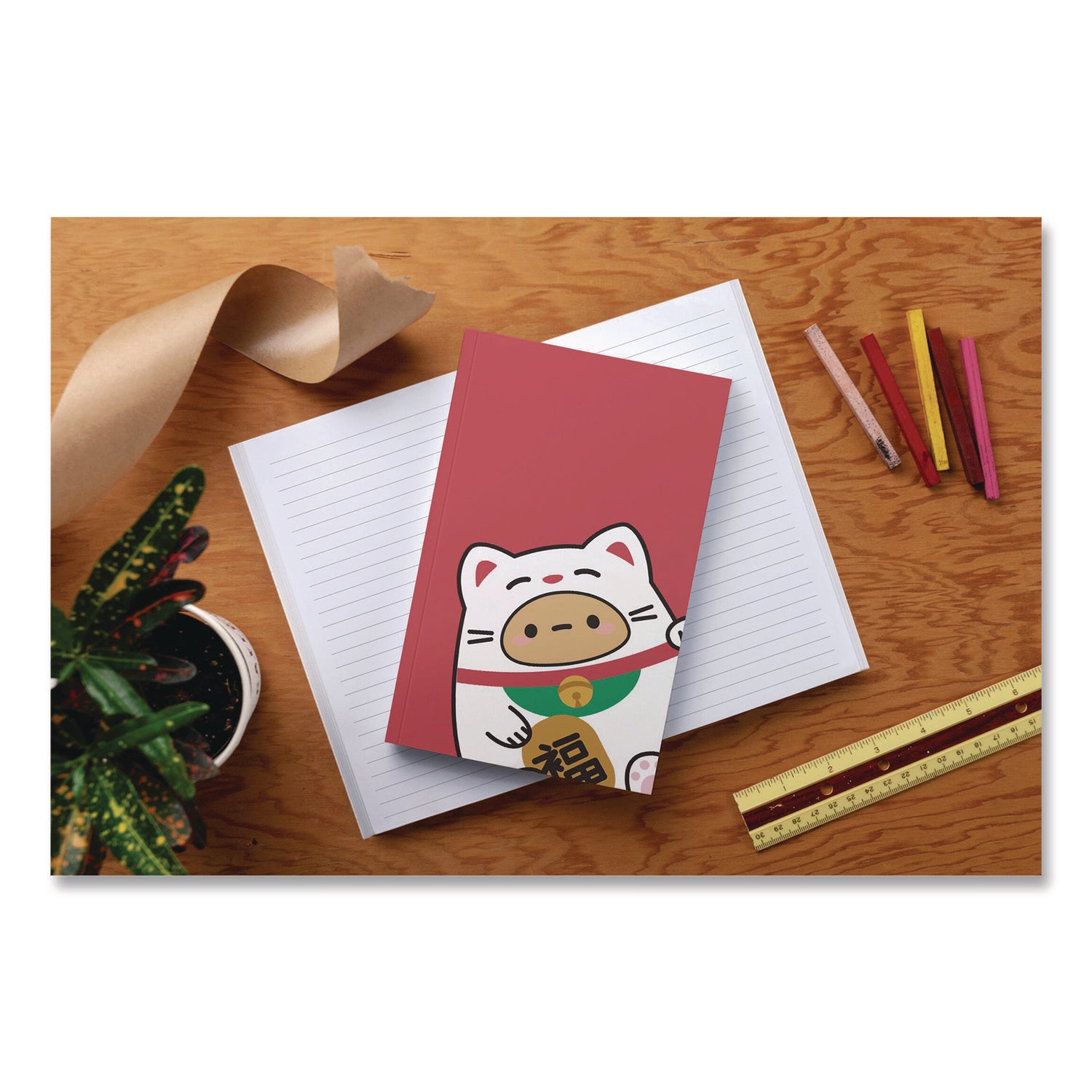 Denik Smoko Tayto Lucky Cat Layflat Notebook, 1 Subject, Medium/College Rule, Red/White/Brown Cover, (72) 8 x 5 Sheets
