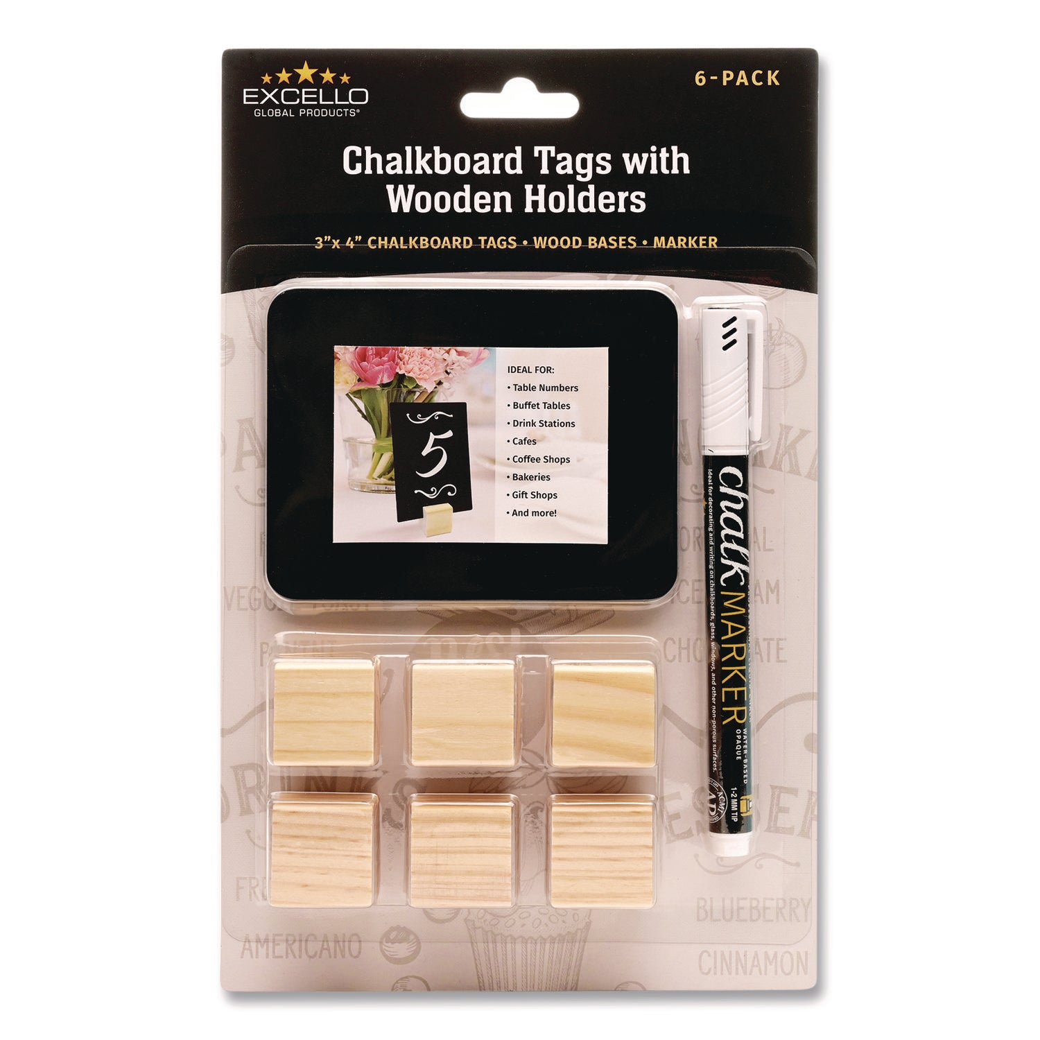 Excello Global Products® Tabletop Chalkboard Tag, Black Surface, Teak Wood Holder, 3 x 4, 6/Pack