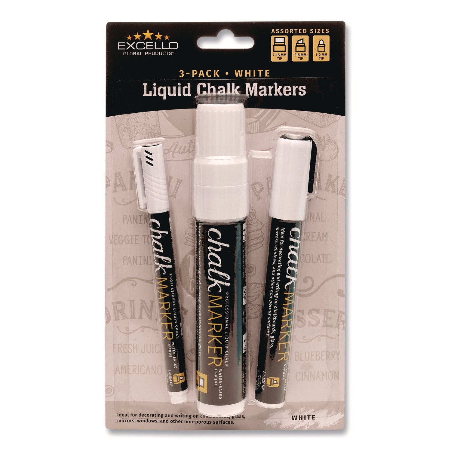 Excello Global Products® Liquid Chalk Markers, Assorted Tip Sizes and Types, White, 3/Pack