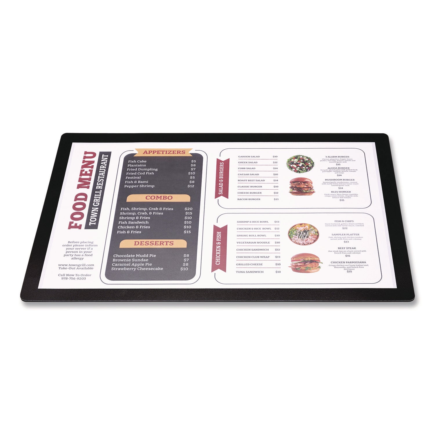 Excello Global Products® Menu Holder For 11 x 17 Menus, Landscape Orientation, 18.9 x 12.6 Holder, Clear/Black