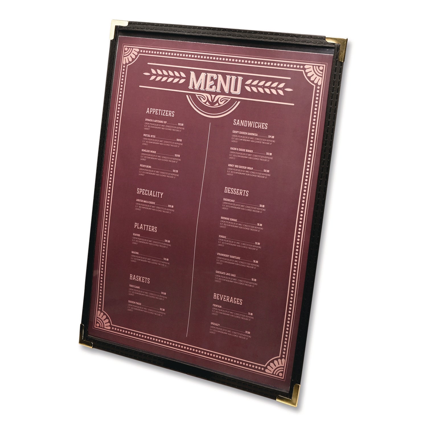 Excello Global Products® Menu Holder For 8.5 x 11 Menus, Portrait Orientation, 9.3 x 11.9 Holder, Clear/Black/Gold