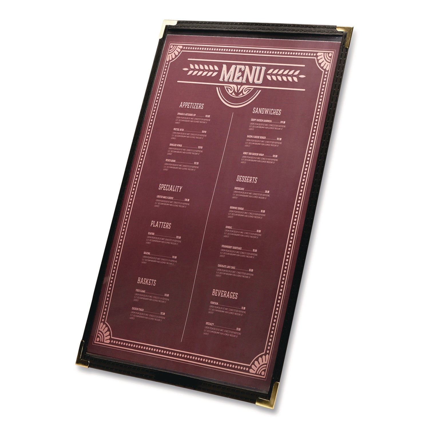 Excello Global Products® Menu Holder For 11 x 17 Menus, Portrait Orientation, 11.7 x 18, Clear/Black/Silver