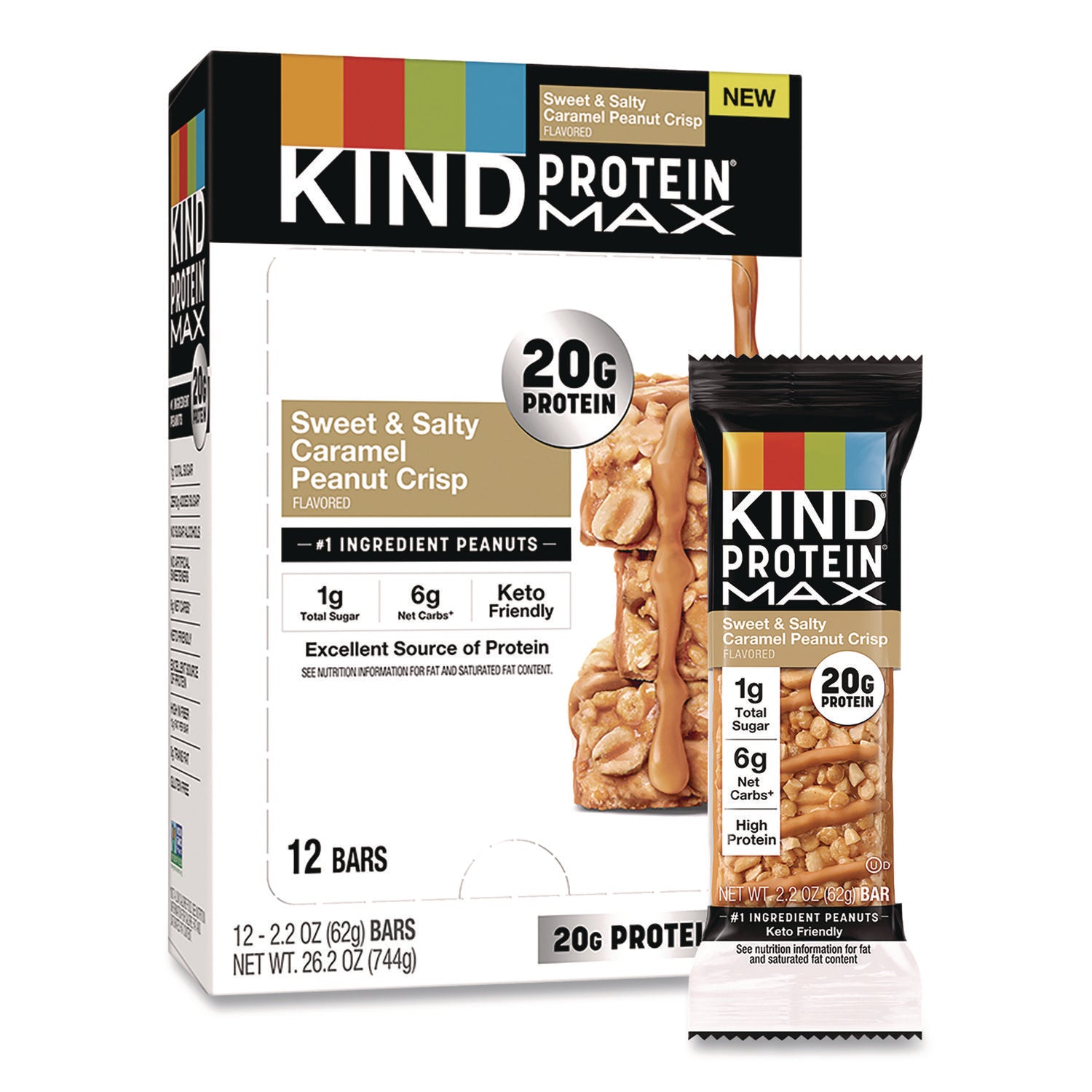 KIND Protein MAX Bar, Sweet and Salty Caramel Peanut Crisp, 2.2 oz Bar, 12/Box