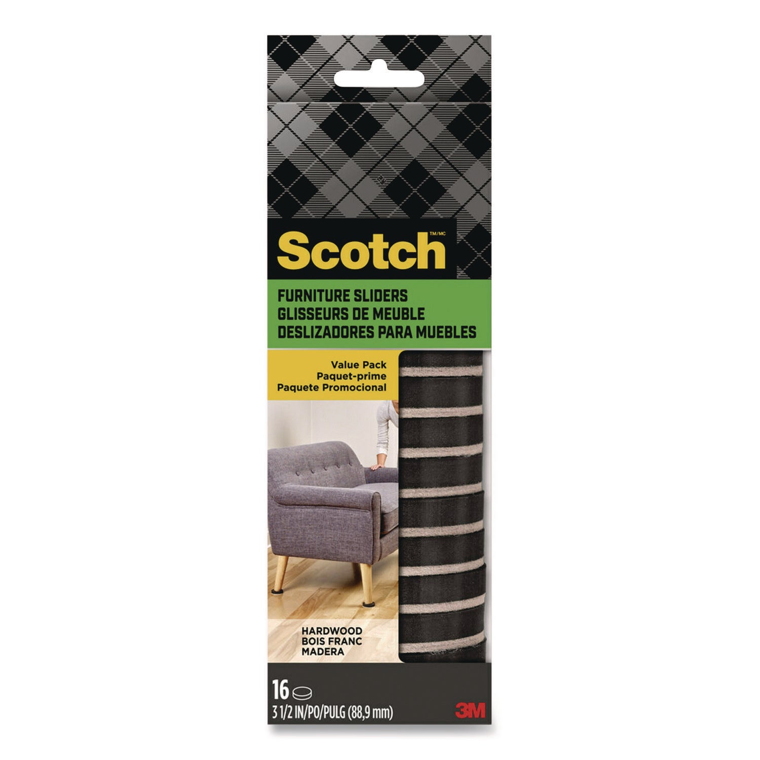 Scotch™ Furniture Sliders, 3.5" dia, Black/Beige, 16/Pack