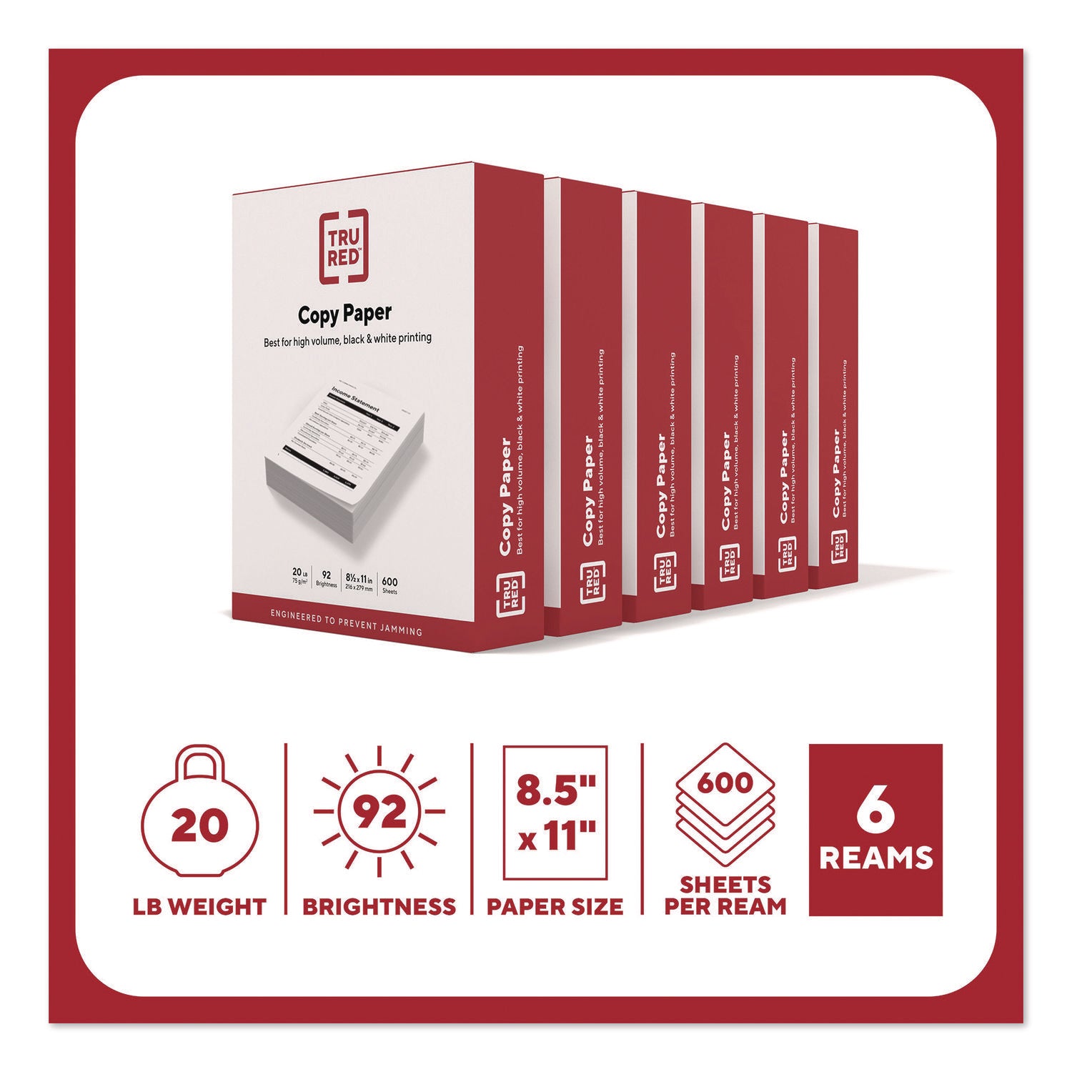 TRU RED™ Copy Paper, 92 Bright, 20 lb Bond Weight, 8.5 x 11, 600 Sheets/Ream, 6 Reams/Carton