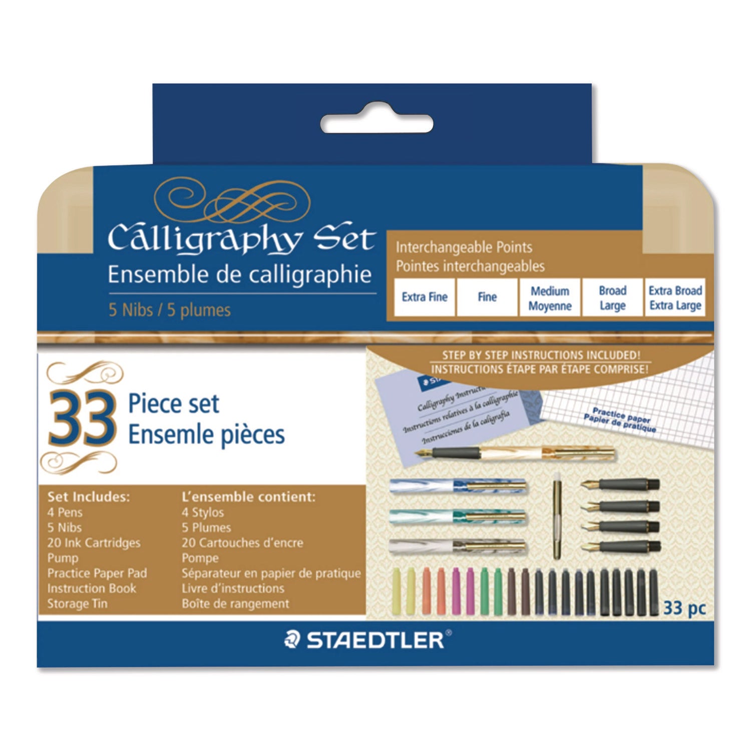 Staedtler® Master the Art of Calligraphy Fountain Pen Set, 33 Pieces, (5) Nib Sizes, (7) Ink Colors, (4) Barrel Colors