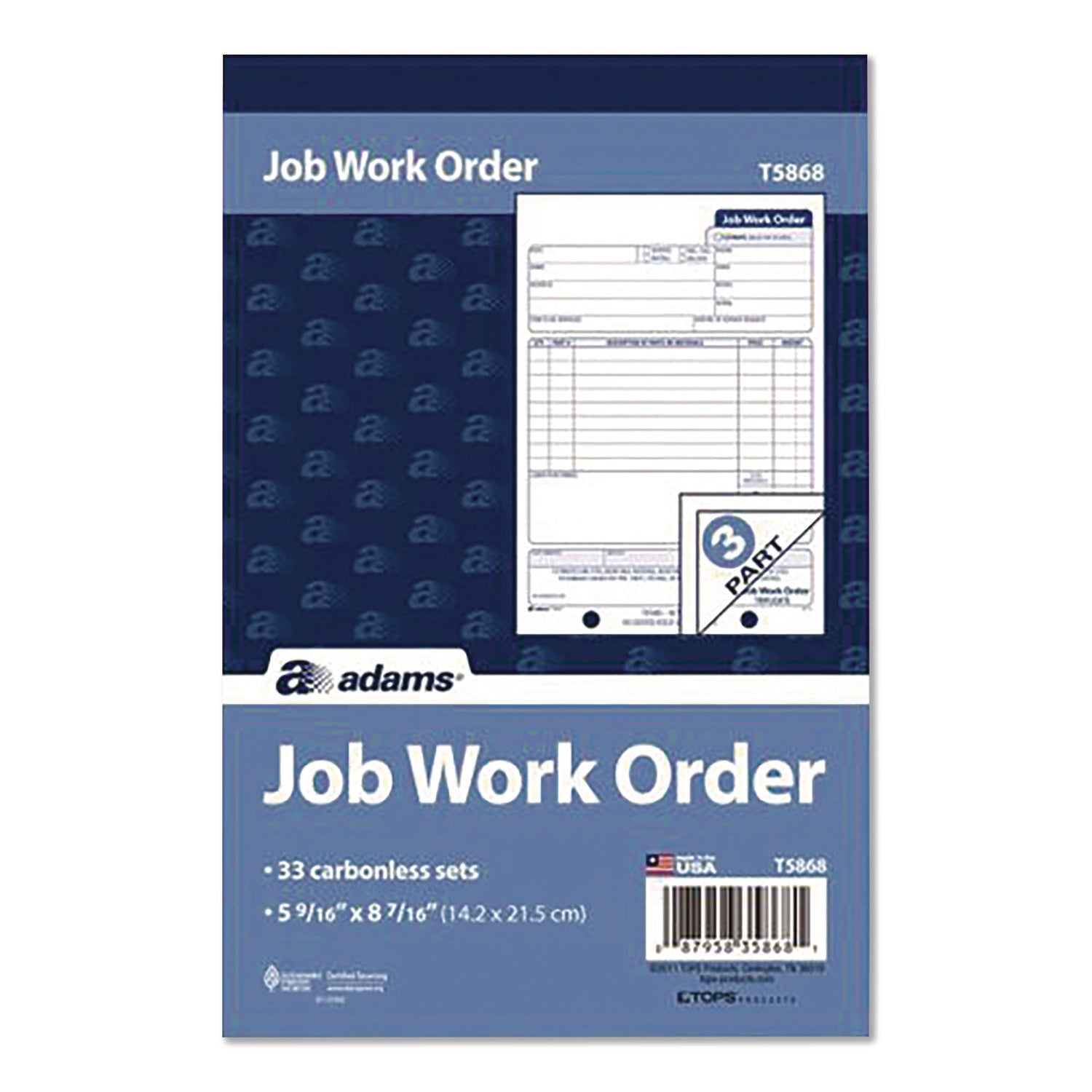 Adams® Multipart Job Work Order Pad, Three-Part Carbonless, 5.56 x 7.94, 33 Forms Total